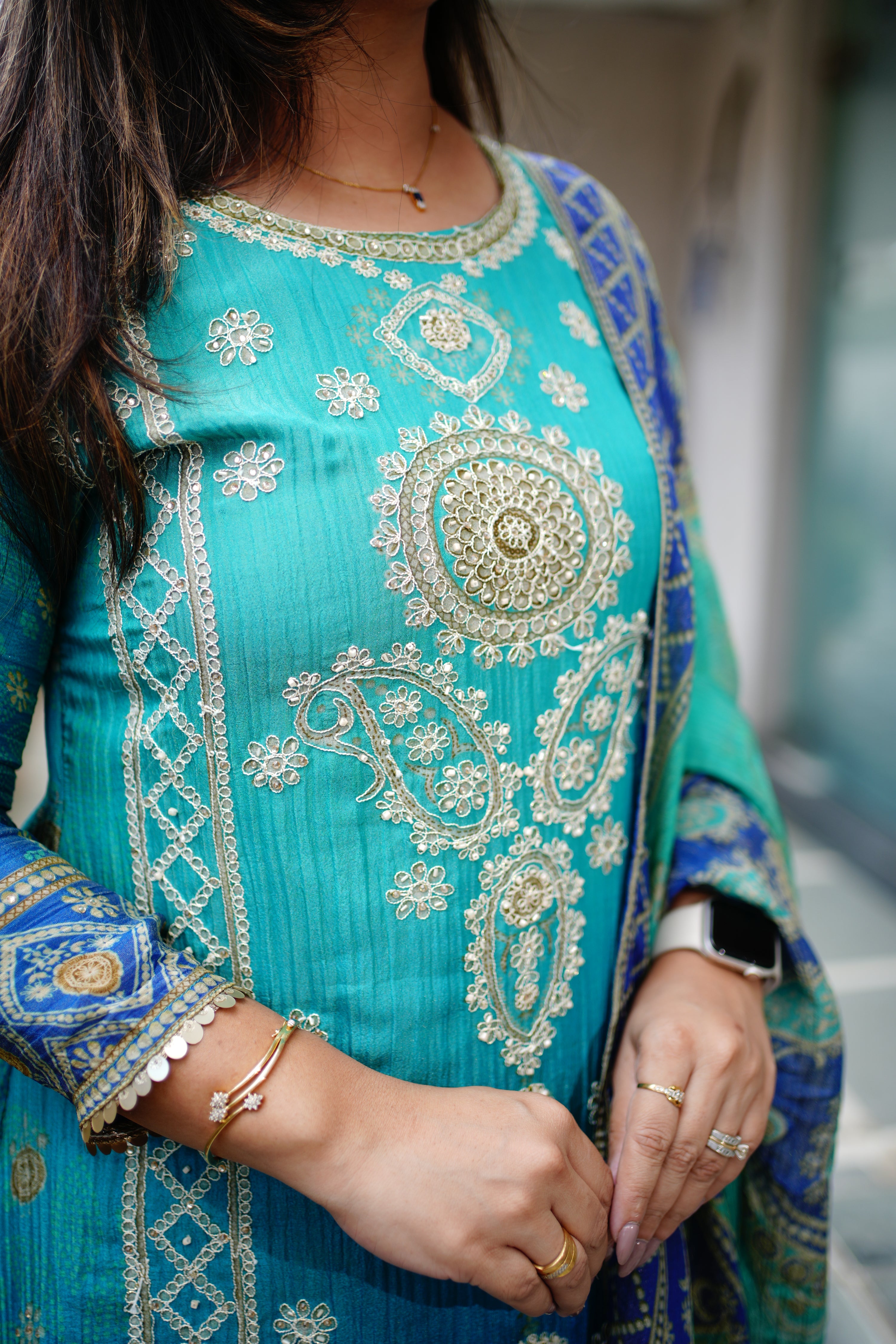 Aaliya Asymmetric Shimmer Tissue  Embroidered Pant Set
