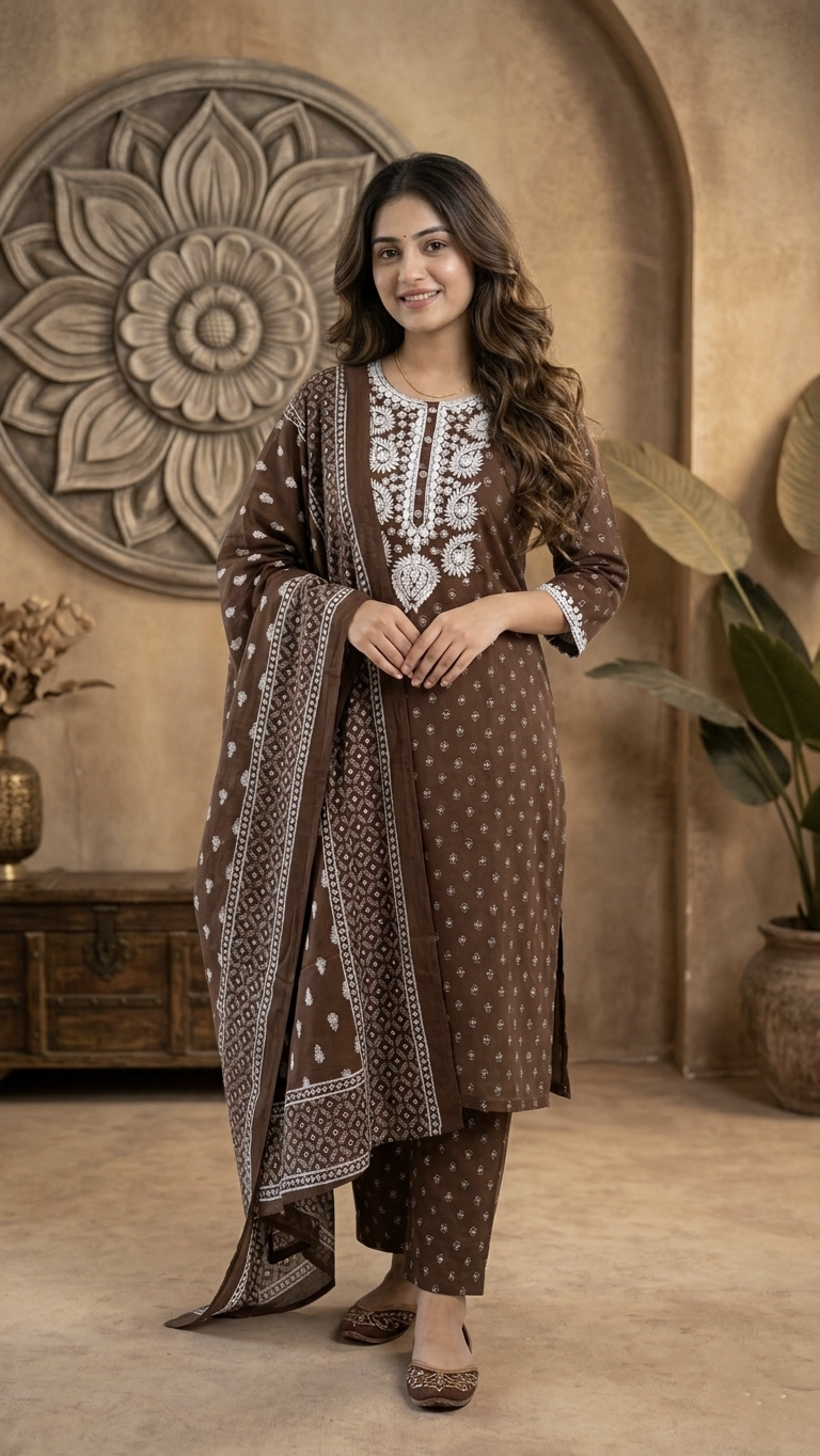 Meher Brown Cotton Embroidered Straight Dupatta Set