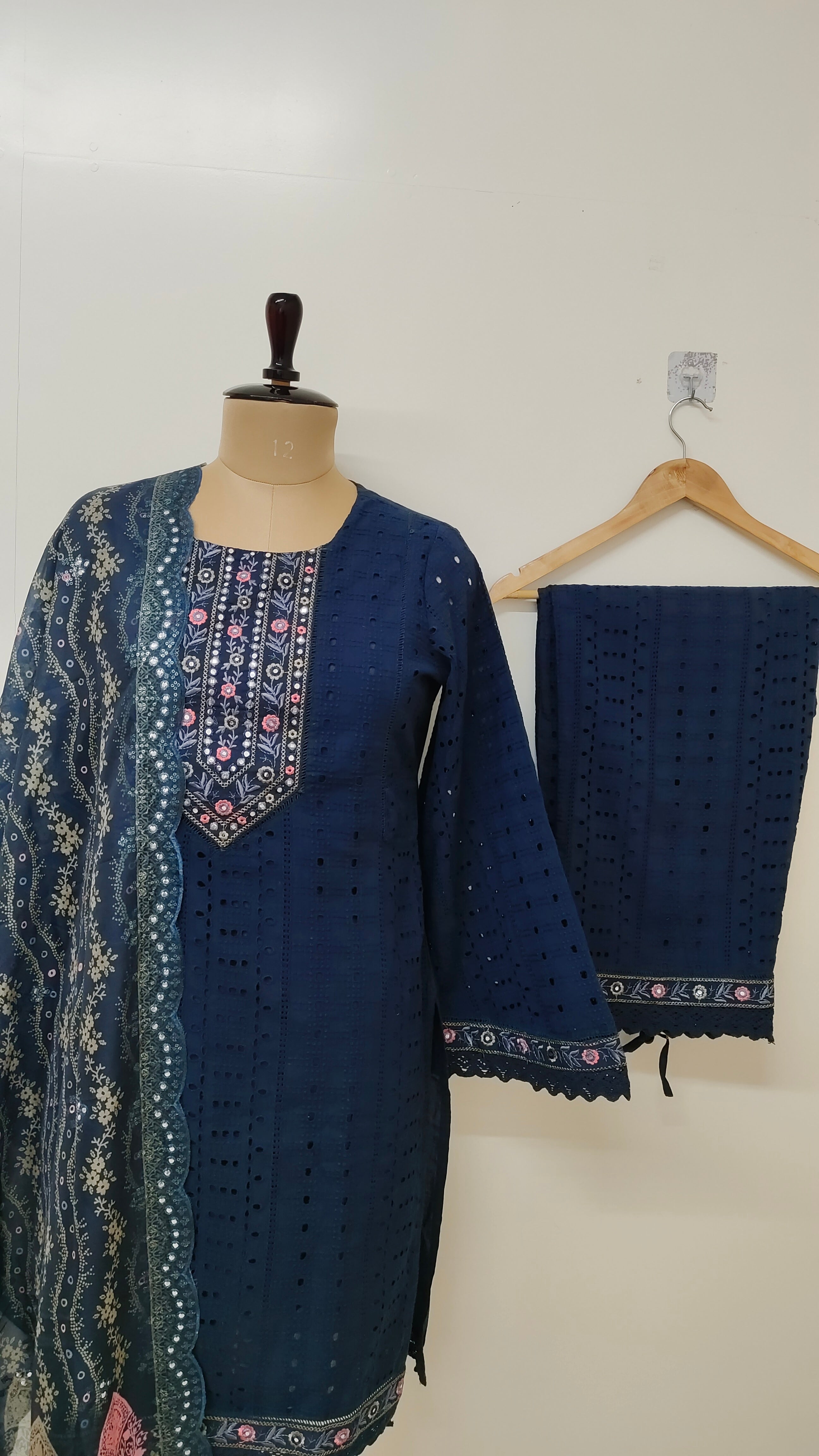 Kanika Blue Grace Cotton Schiffli Dupatta Set