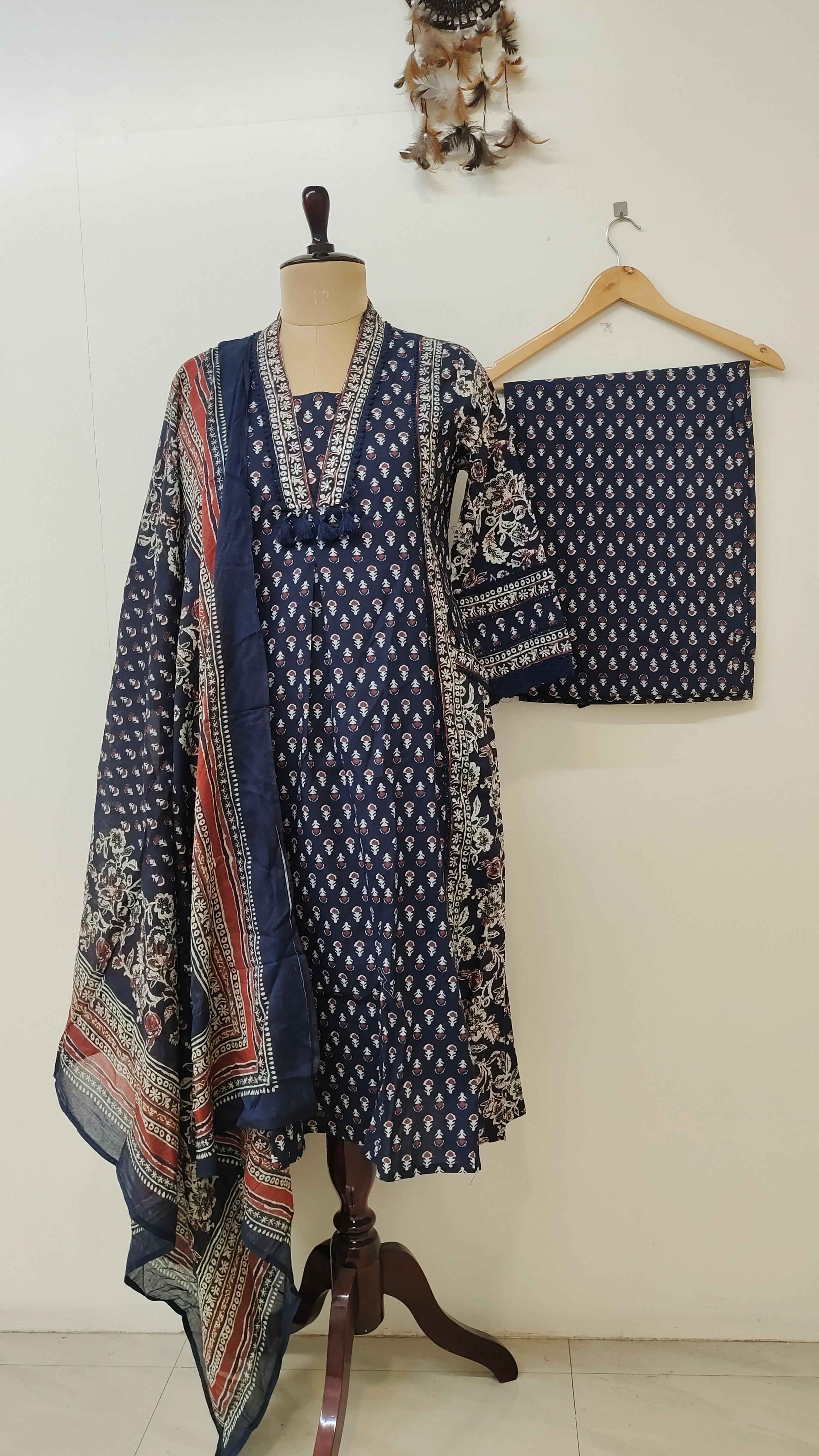 Reem Blue Cotton Handblock Embroidered A-line Dupatta set
