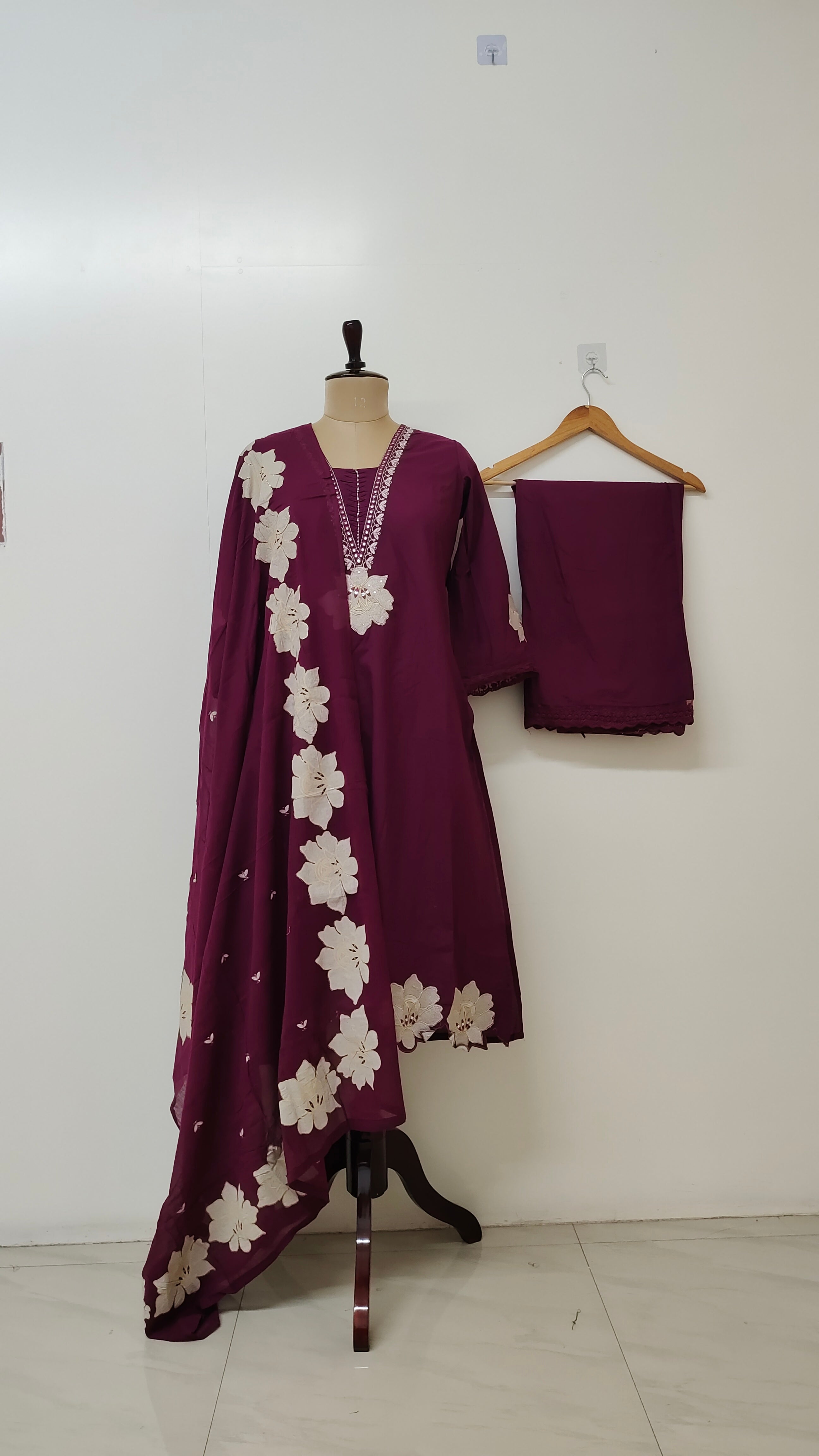 Naira Wine Cotton Cutwork Embroidered Dupatta Set