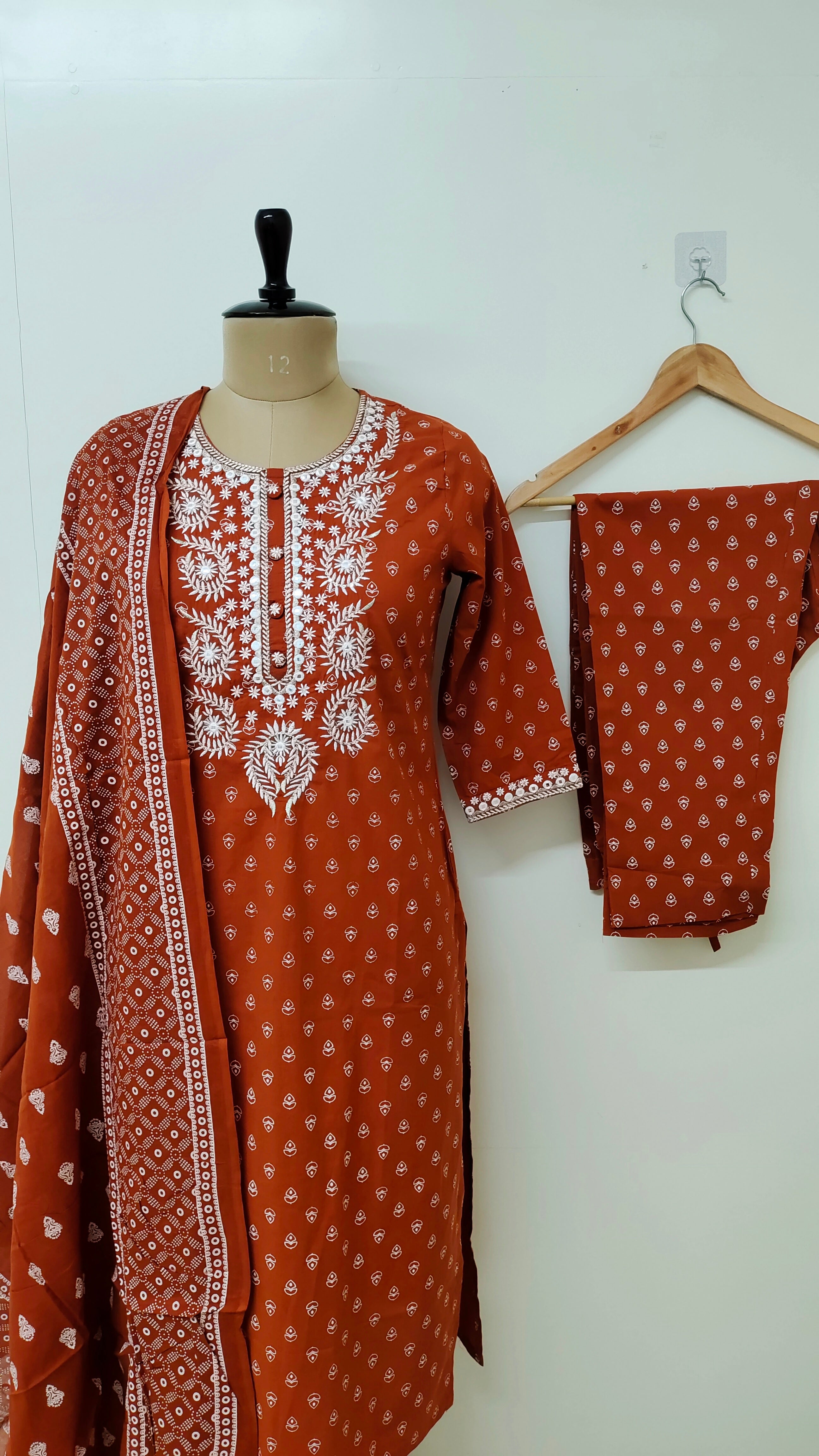 Meher Rust Cotton Embroidered Dupatta Set