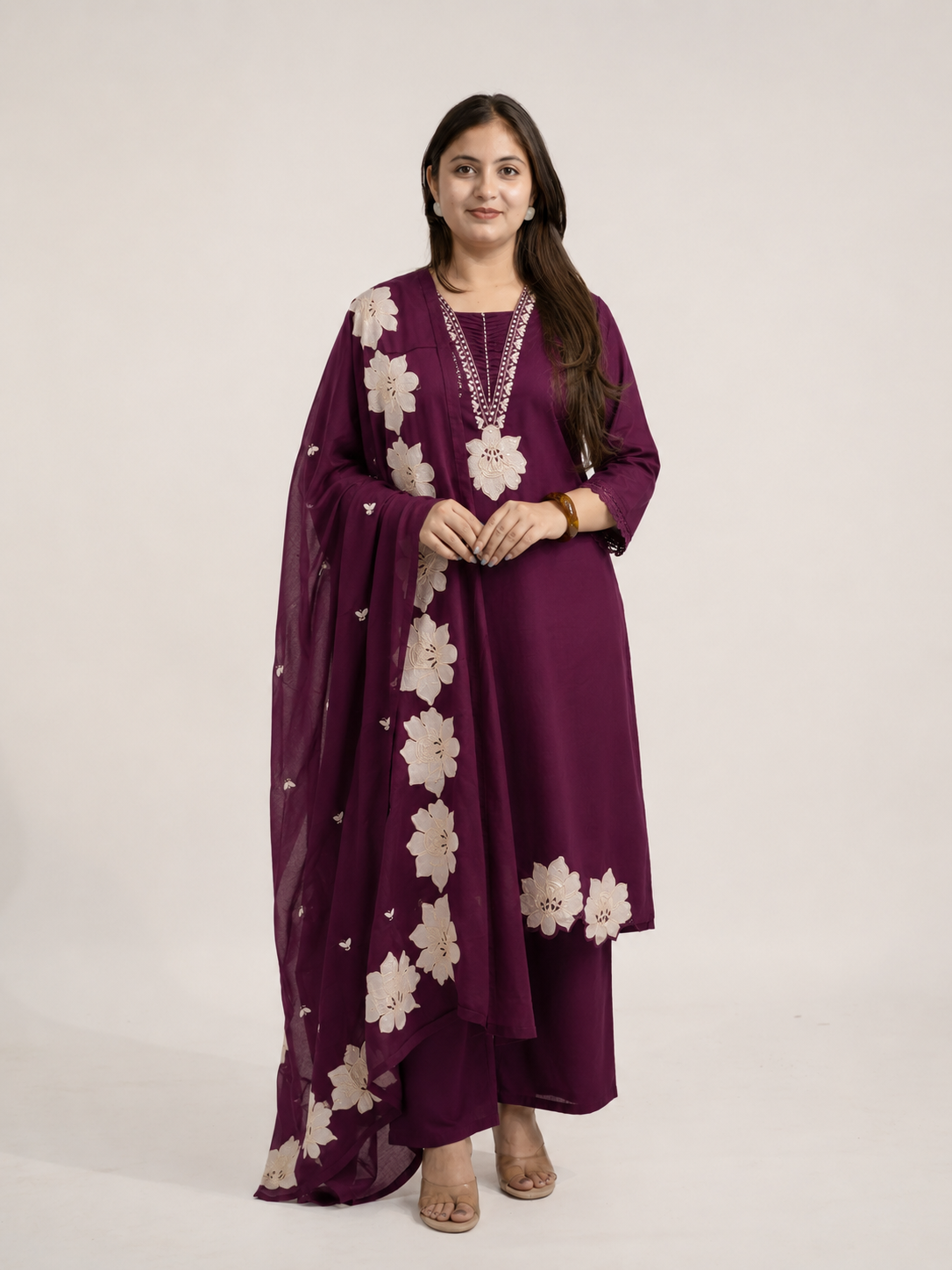 Naira Wine Cotton Cutwork Embroidered Dupatta Set