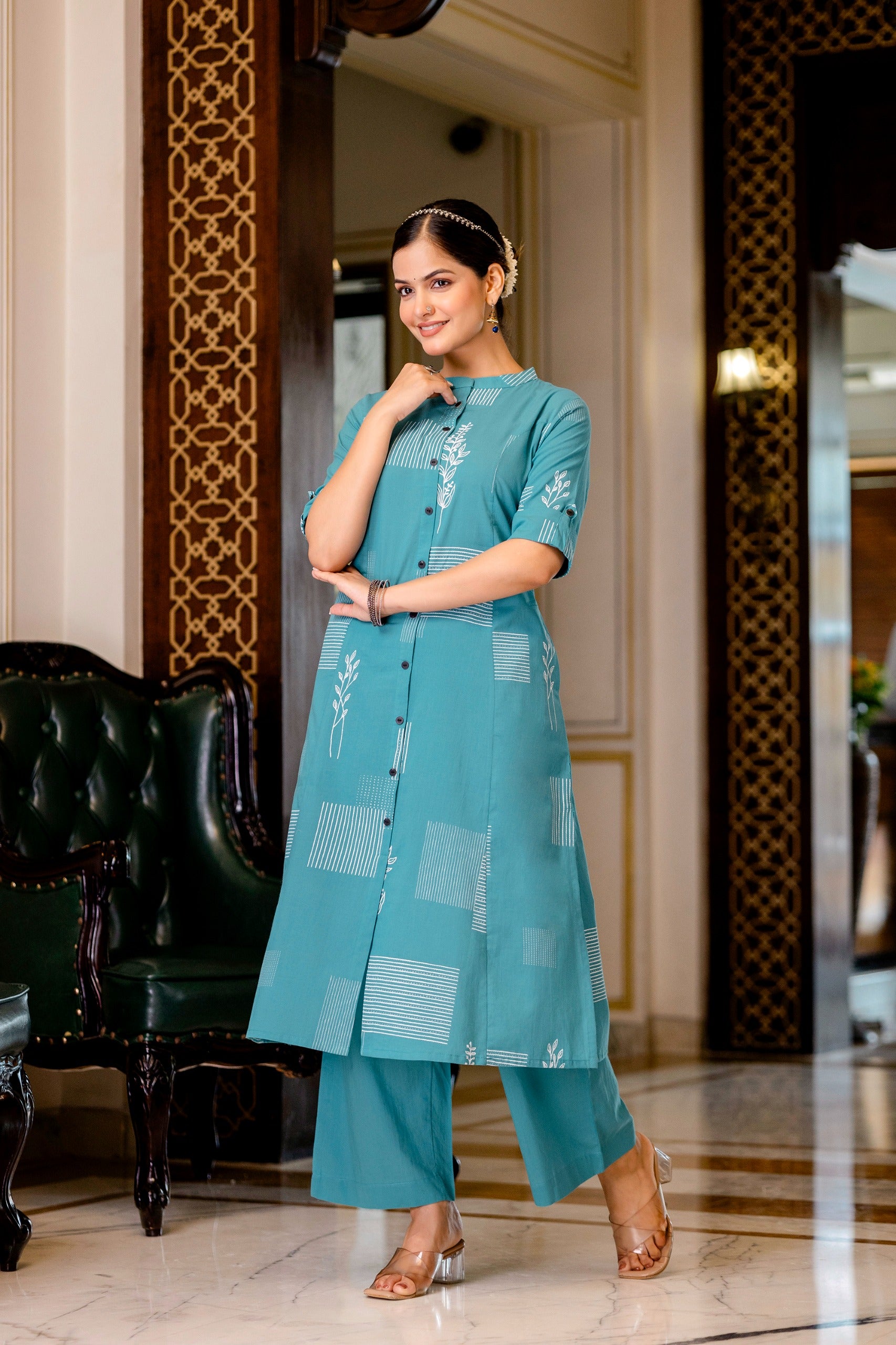Rama Green Cotton A-line Coord Set - The Jaipur Studio