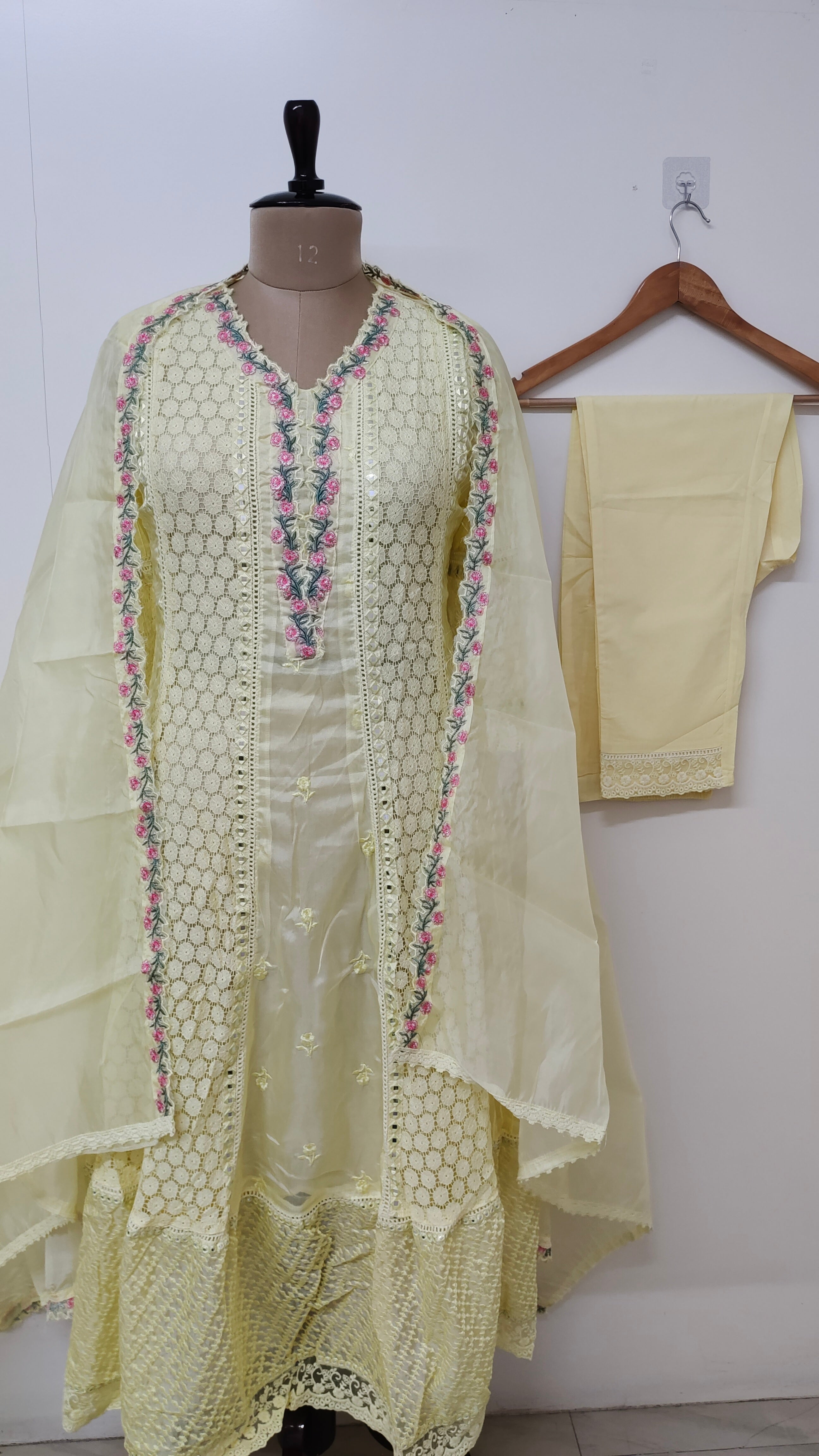 Pastel Yellow Lace Detail Chikankari Anarkali Set