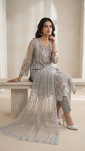 Sitara Grey Organza Embroidered Straight Dupatta Set