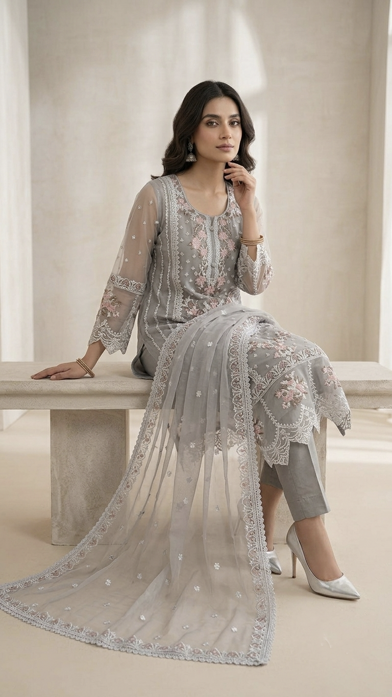 Sitara Grey Organza Embroidered Straight Dupatta Set