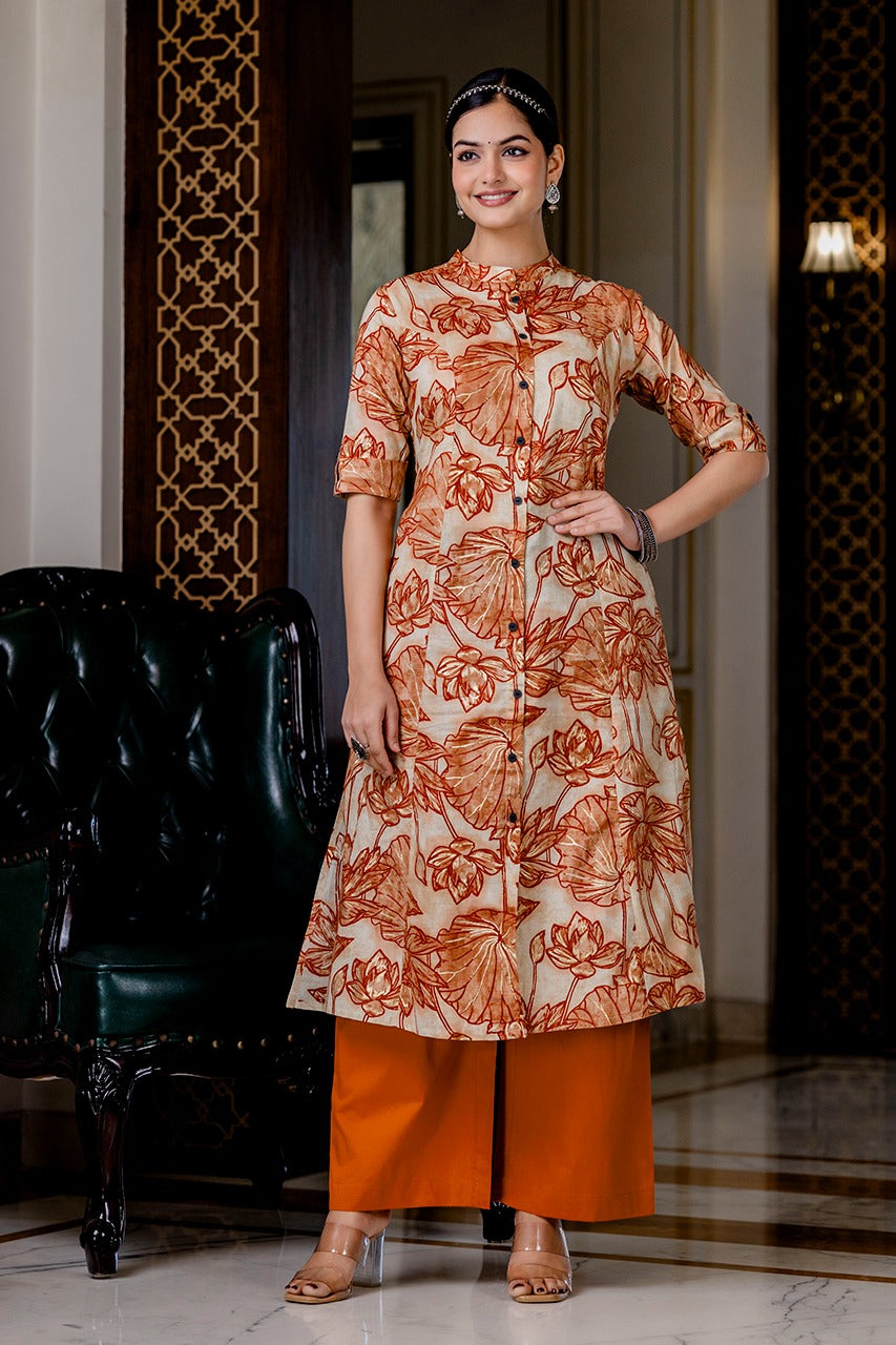 Shnaya Rust Floral Cotton A-line Coord Set