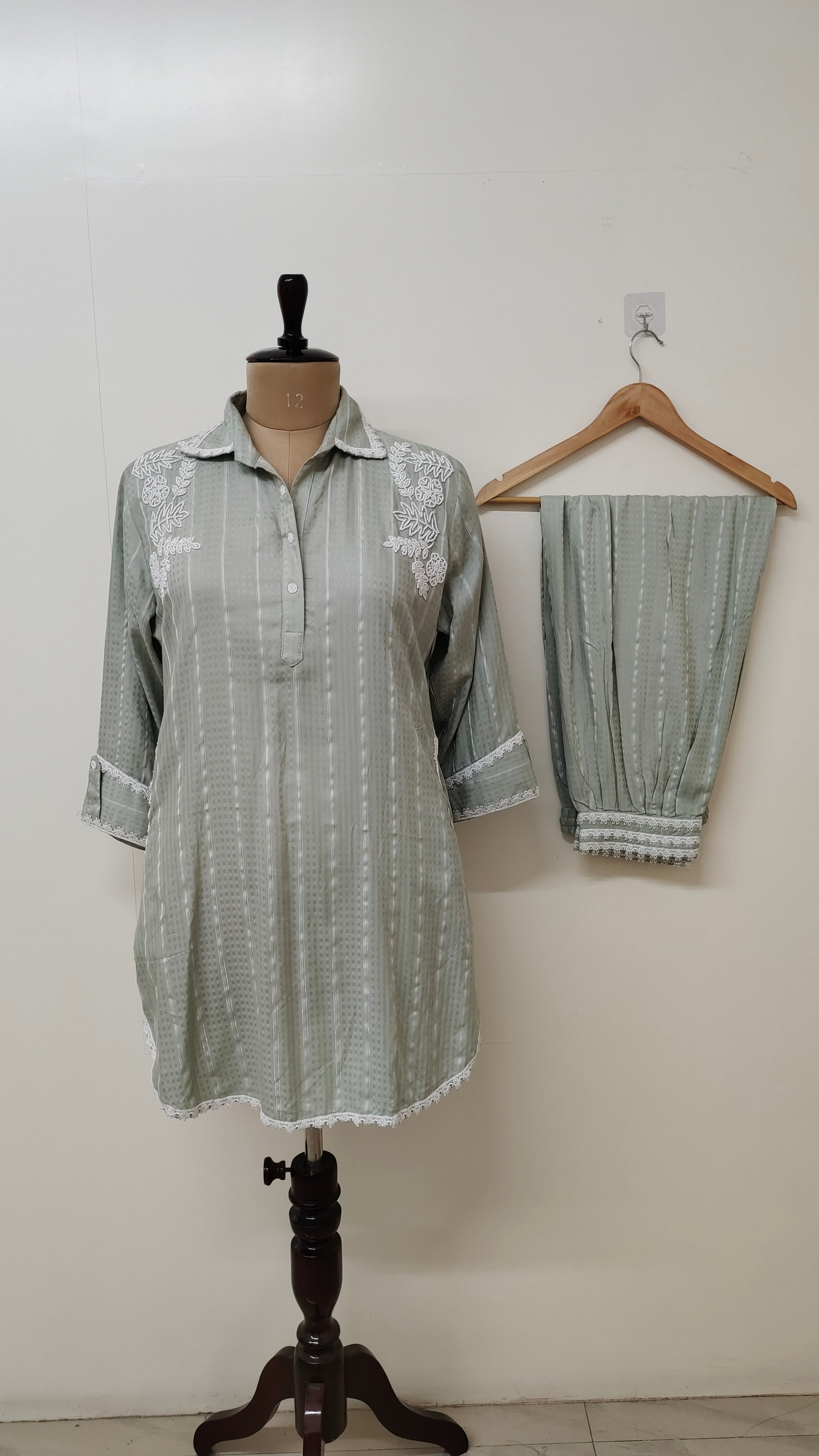Dove Grey Striped Embroidered Coord Set