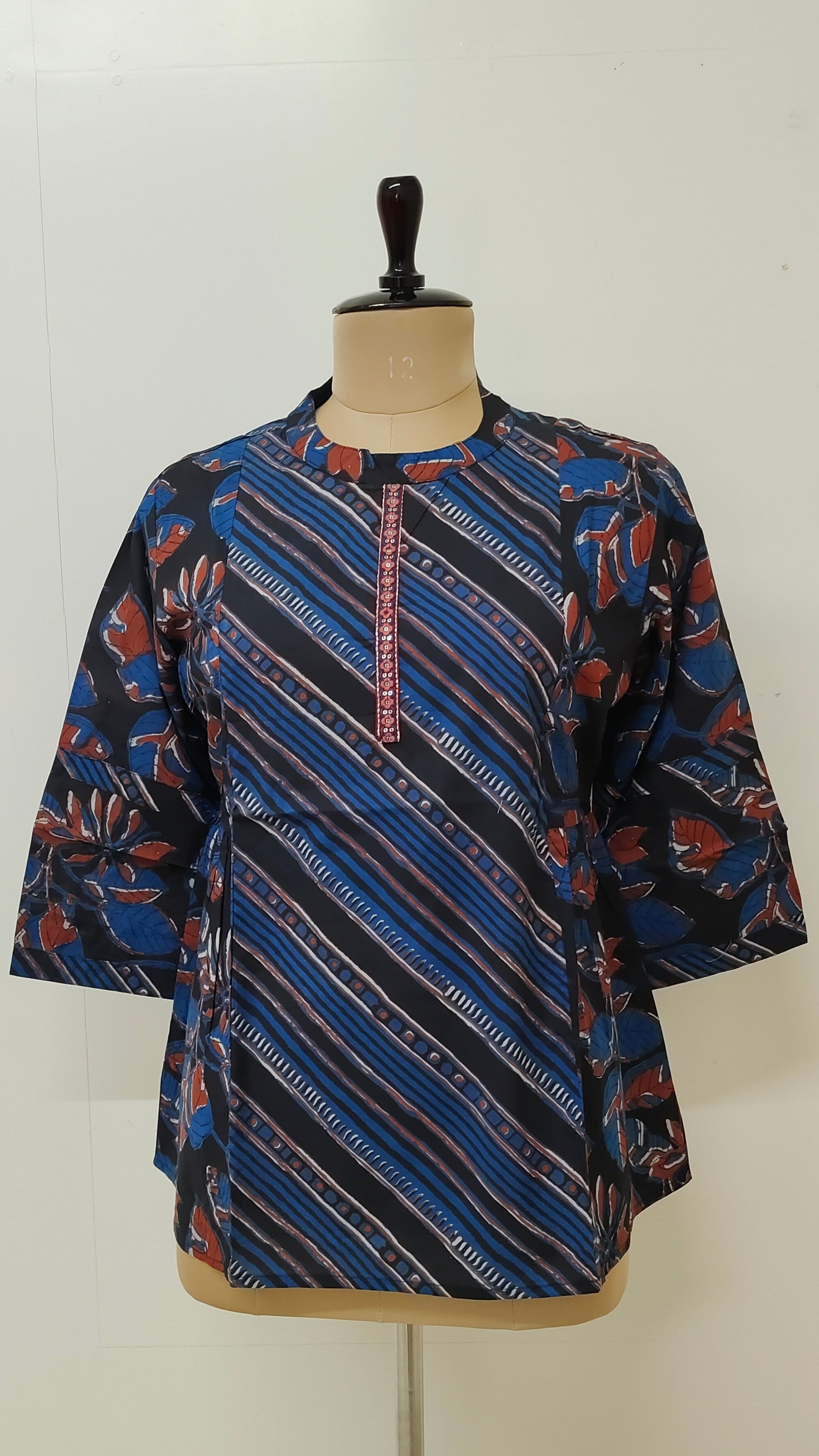 Indigo Blue Cotton Handblock Striped Short Top