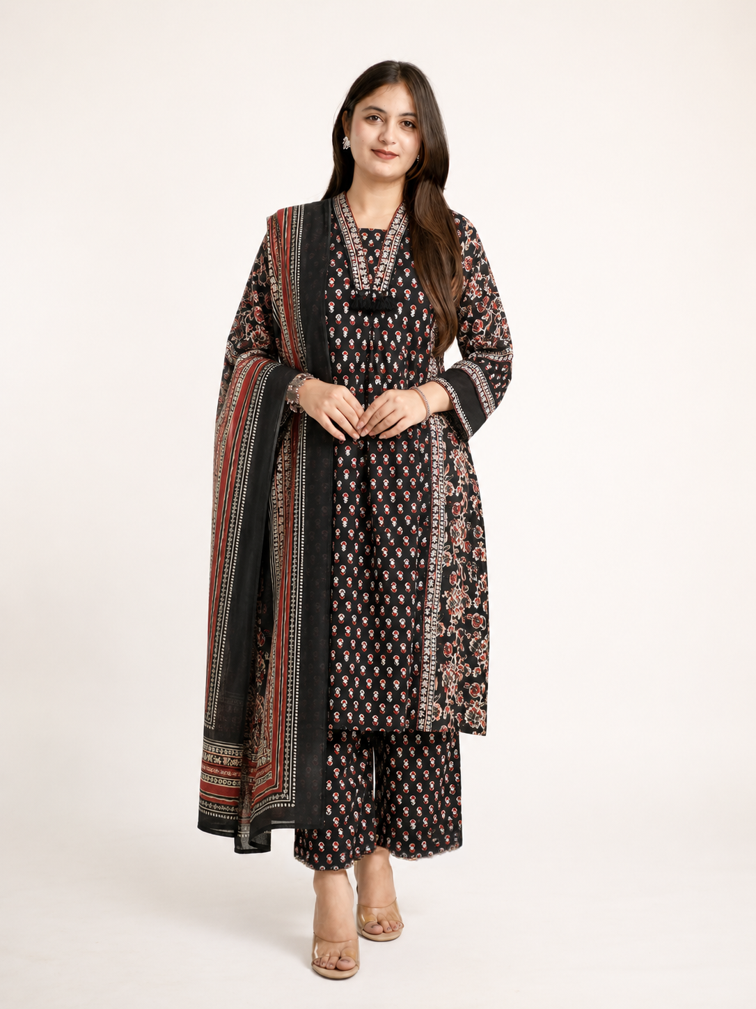 Reem Black Cotton Handblock Embroidered A-line Dupatta set