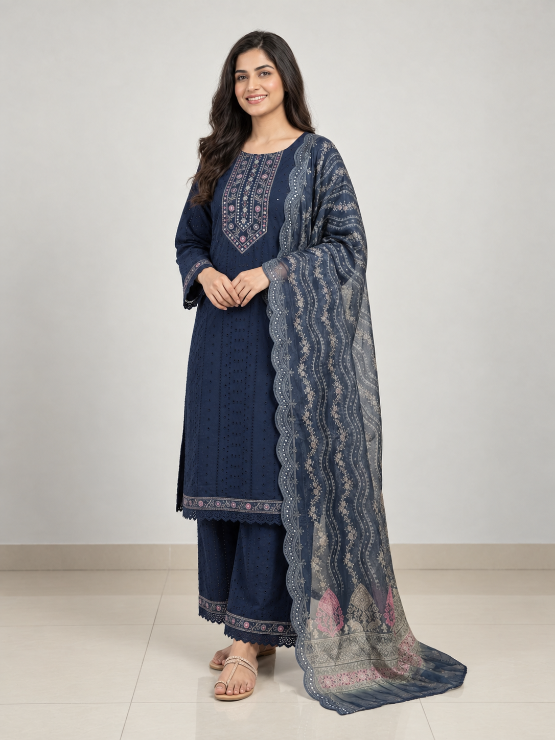Kanika Blue Grace Cotton Schiffli Dupatta Set