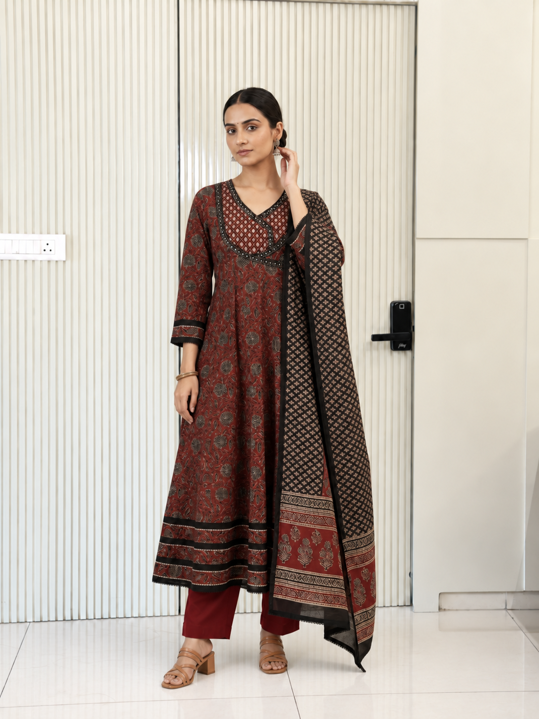 Sukti Red Cotton Angrakha Anarkali Dupatta Set