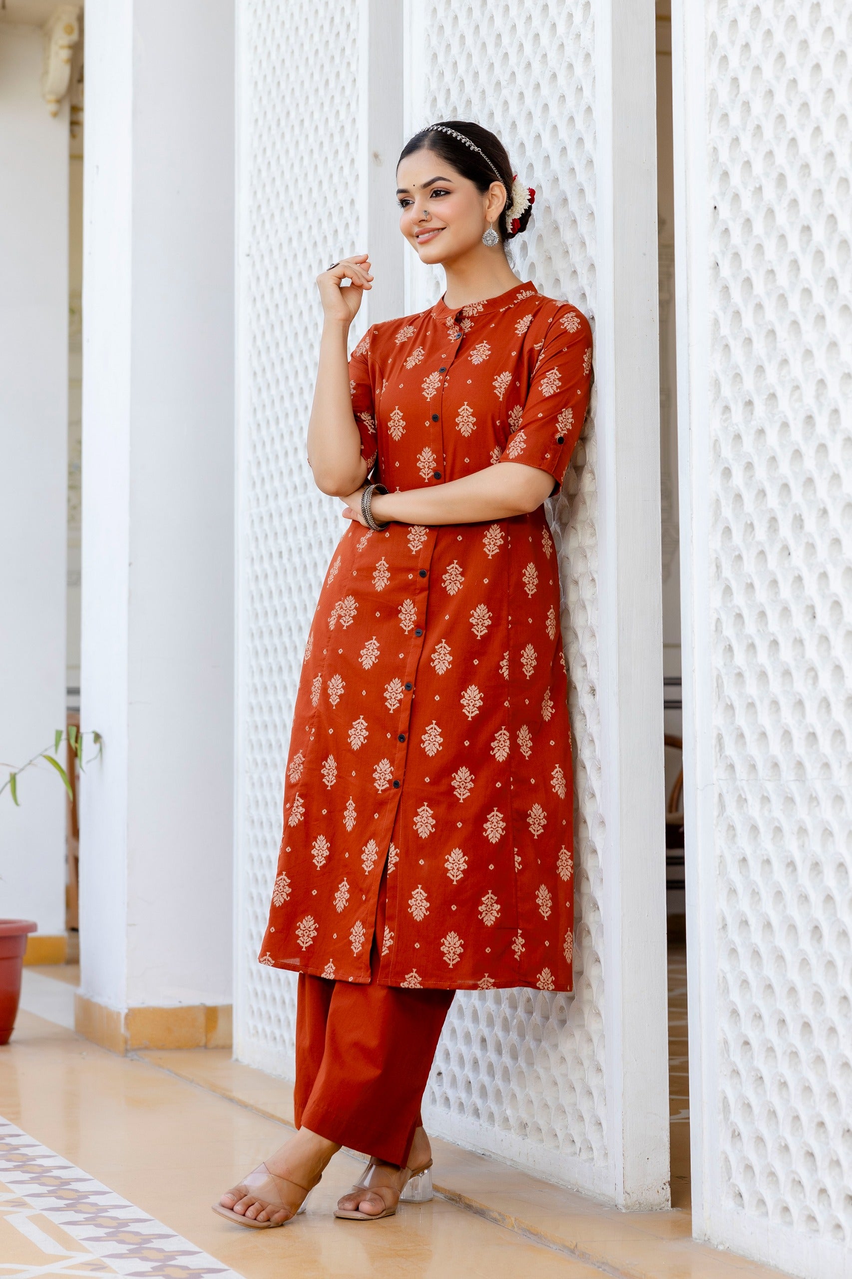 Rust Jamdani Cotton A-line Coord Set