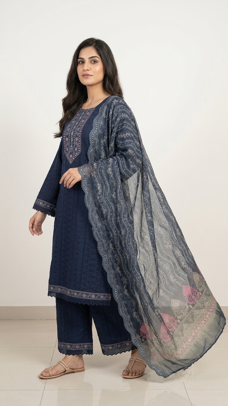 Kanika Blue Grace Cotton Schiffli Dupatta Set