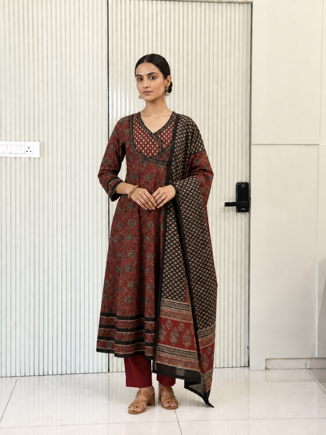 Sukti Red Cotton Angrakha Anarkali Dupatta Set
