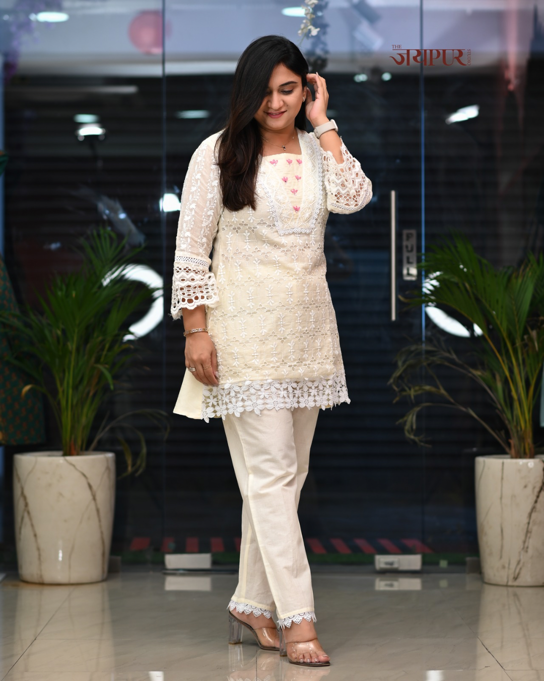Shakira Cream Sciffili Cotton Coord Set
