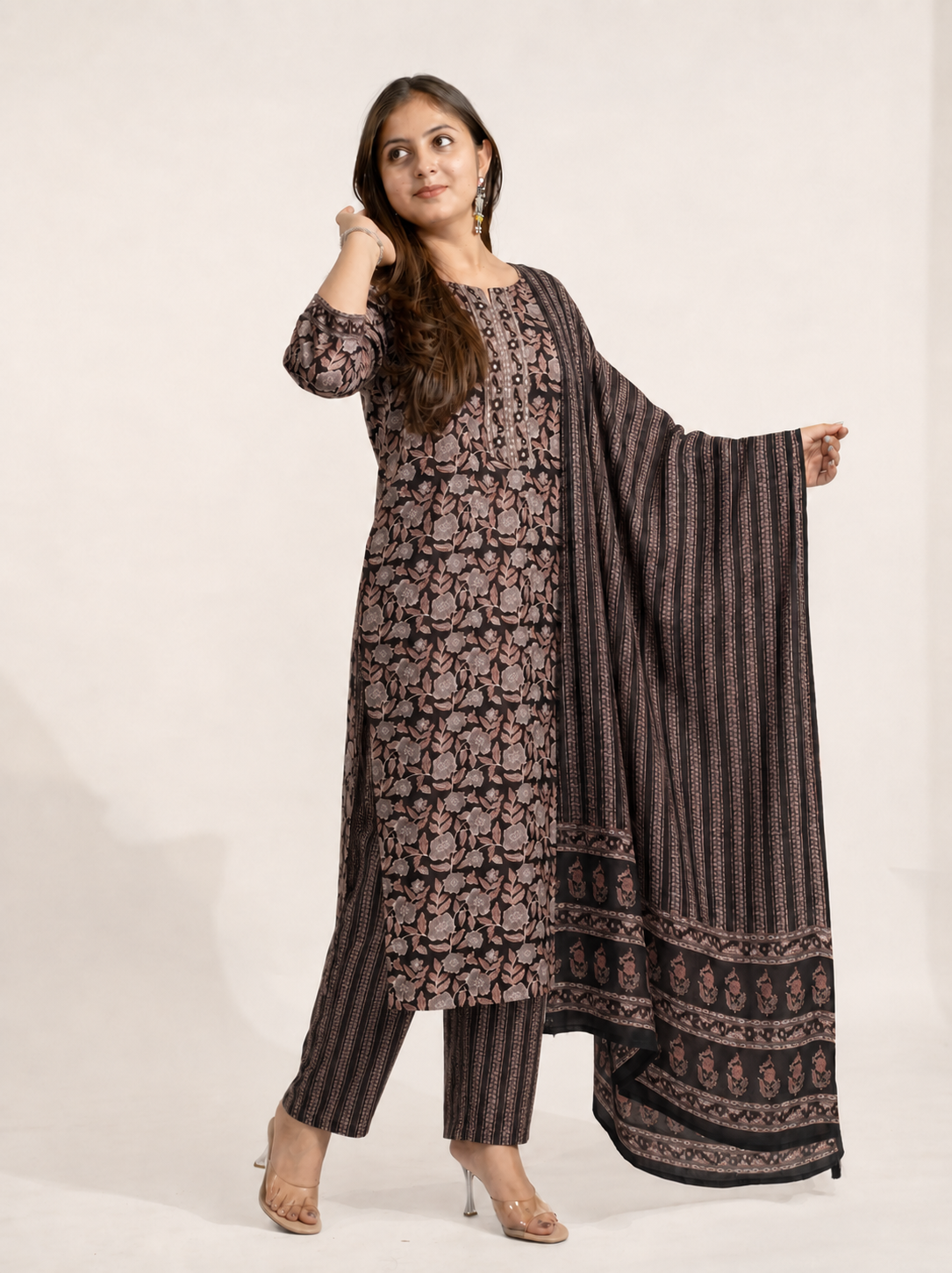 Hemali Black Cotton Embroidered Straight Dupatta Set