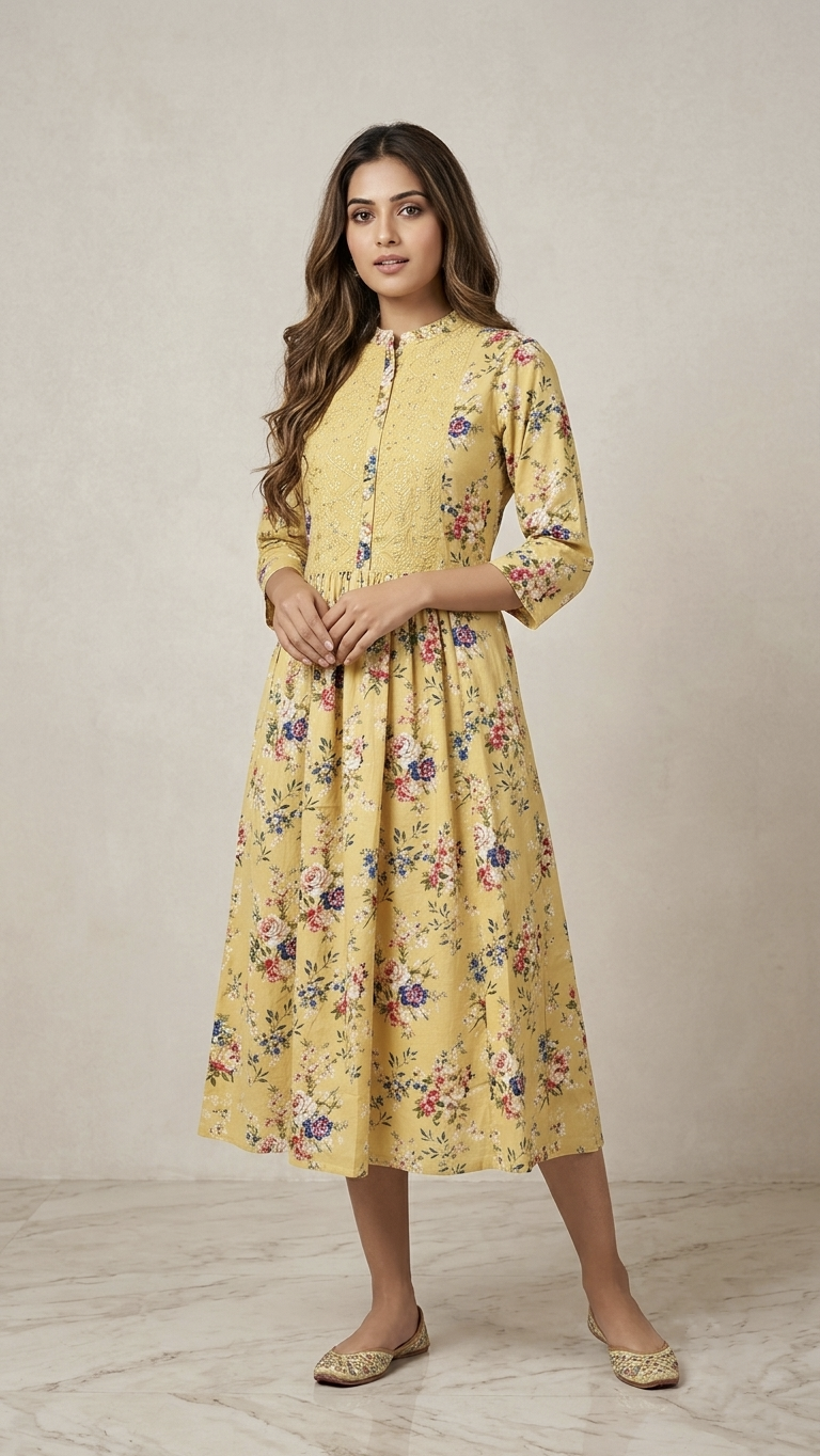 Asma Yellow Cotton Embroidered A-line Kurta