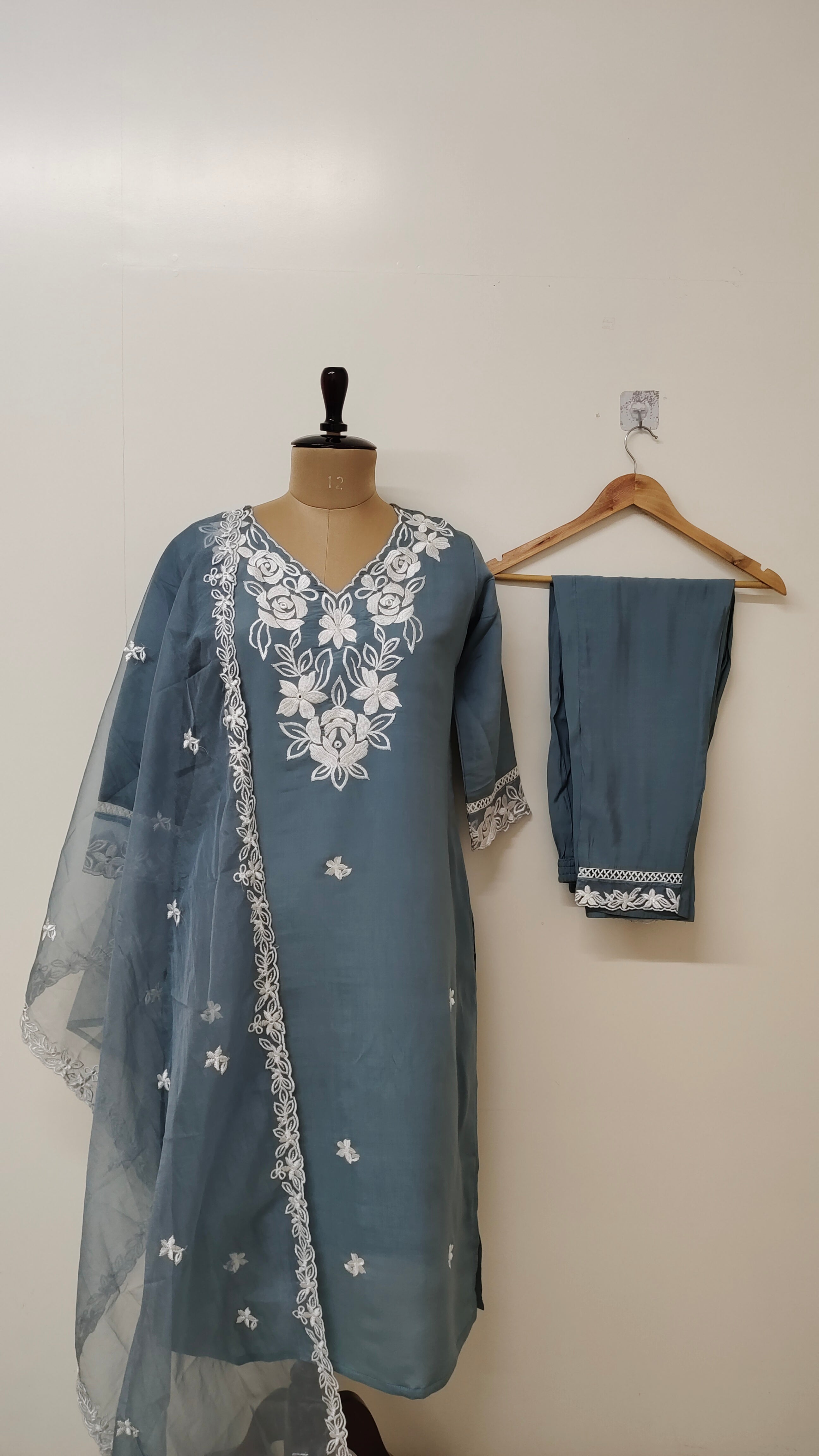 Aria Grey Cotton Embroidered Straight Dupatta Set