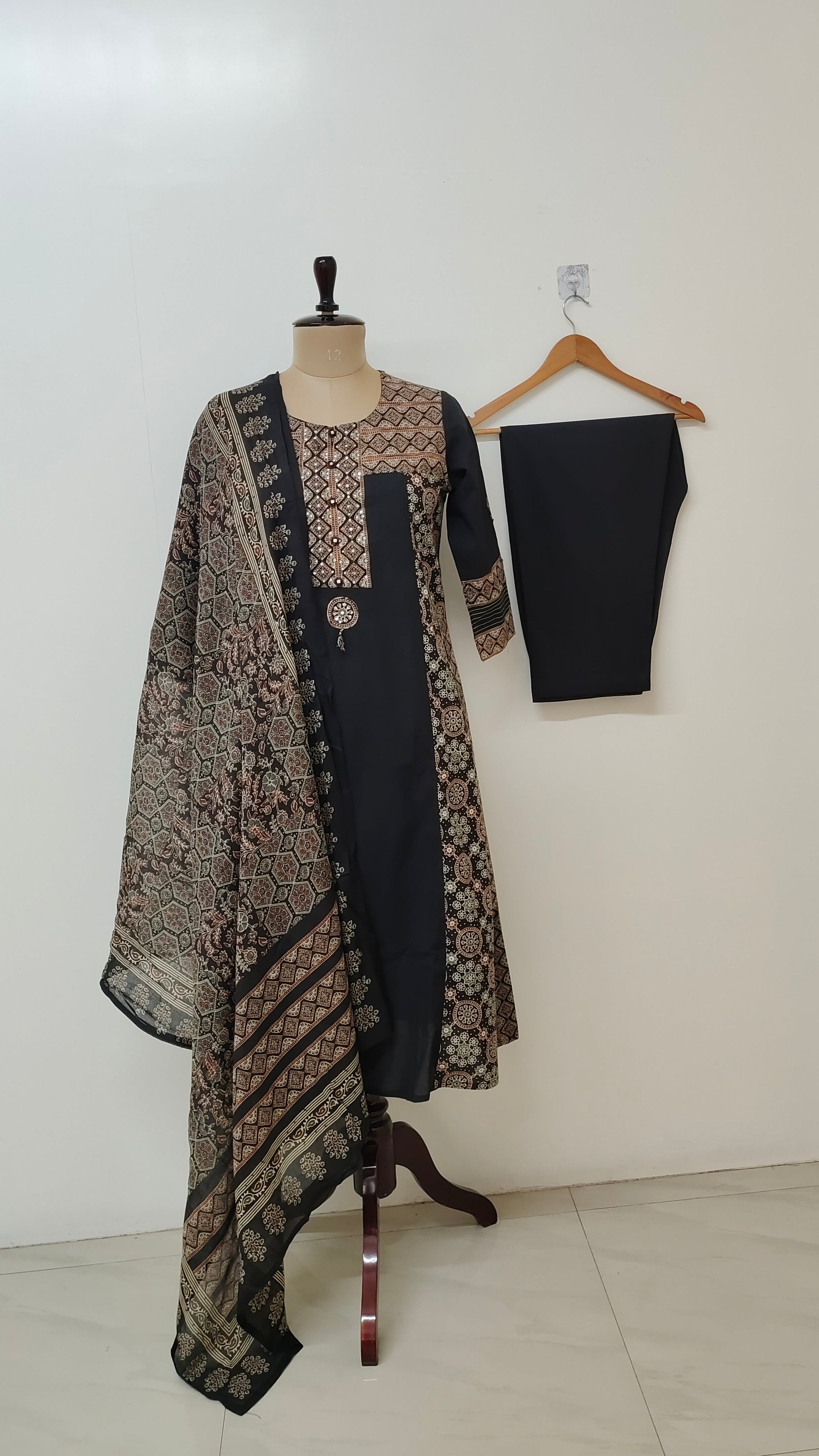 Esha Black Cotton Ajrakh HandEmbroidered A-line Dupatta Set