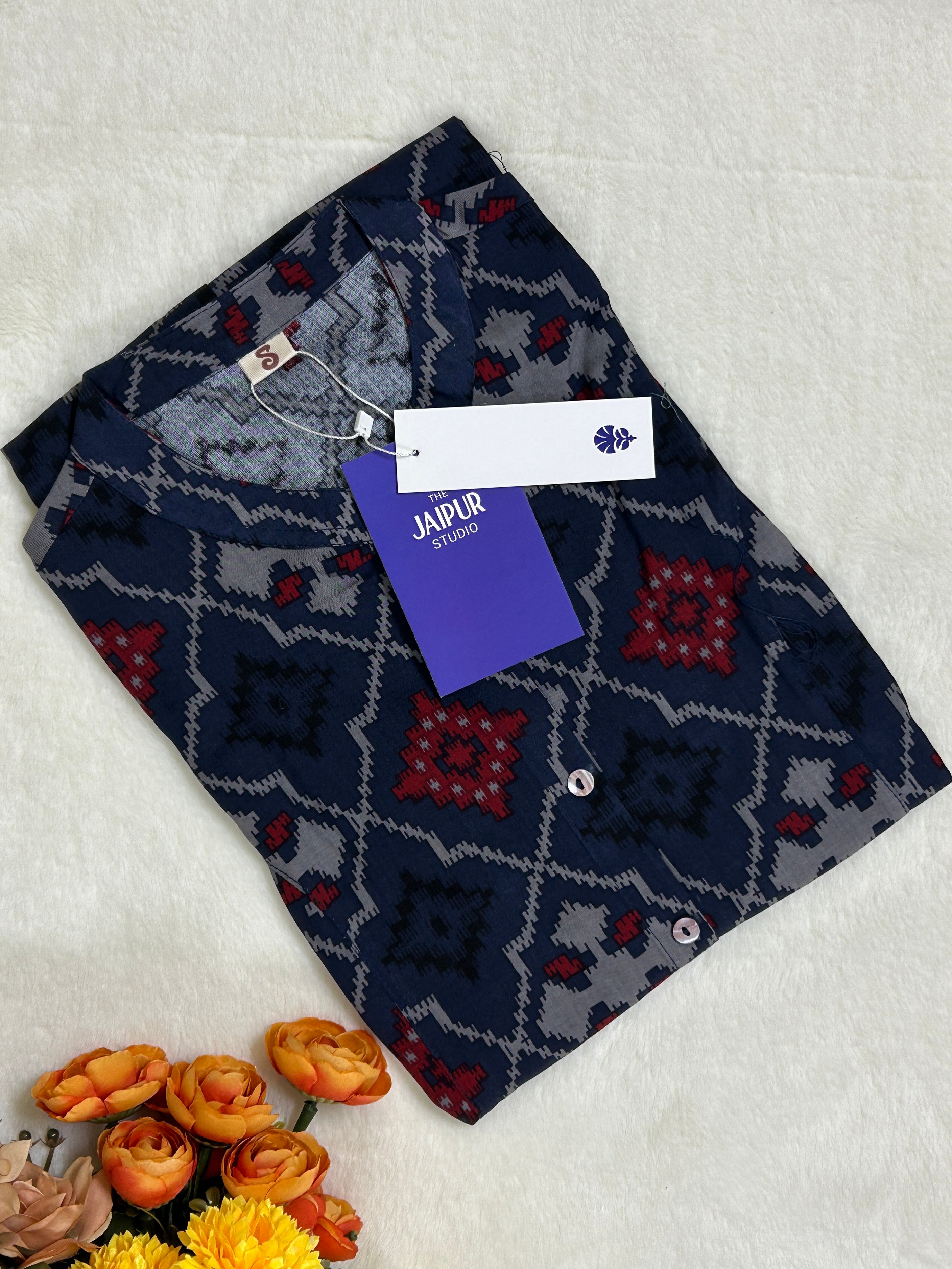 Navy Blue Patola Print Breathable Rayon Casual Short Top