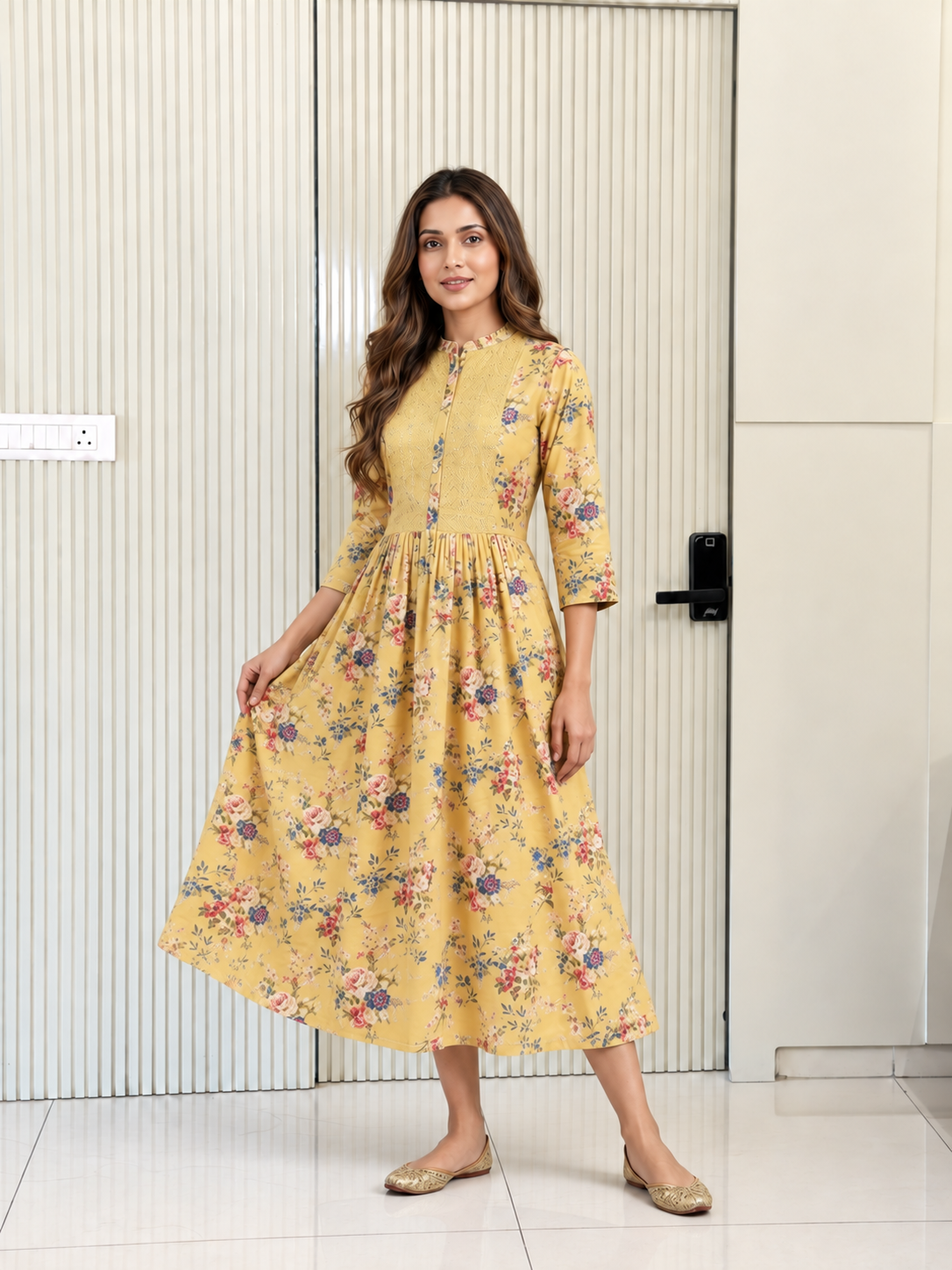 Asma Yellow Cotton Embroidered A-line Kurta