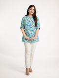 Blue Floral Multi Rayon Short Top