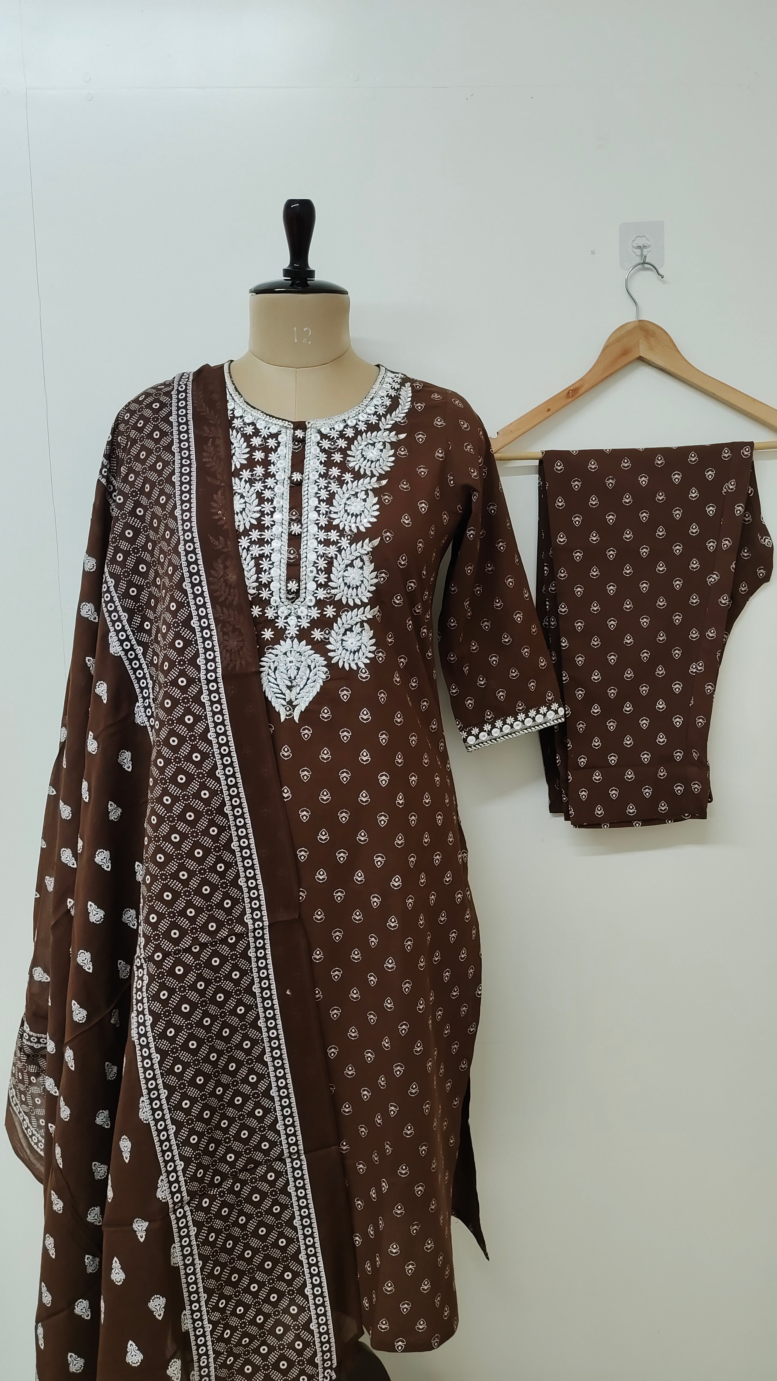 Meher Brown Cotton Embroidered Straight Dupatta Set