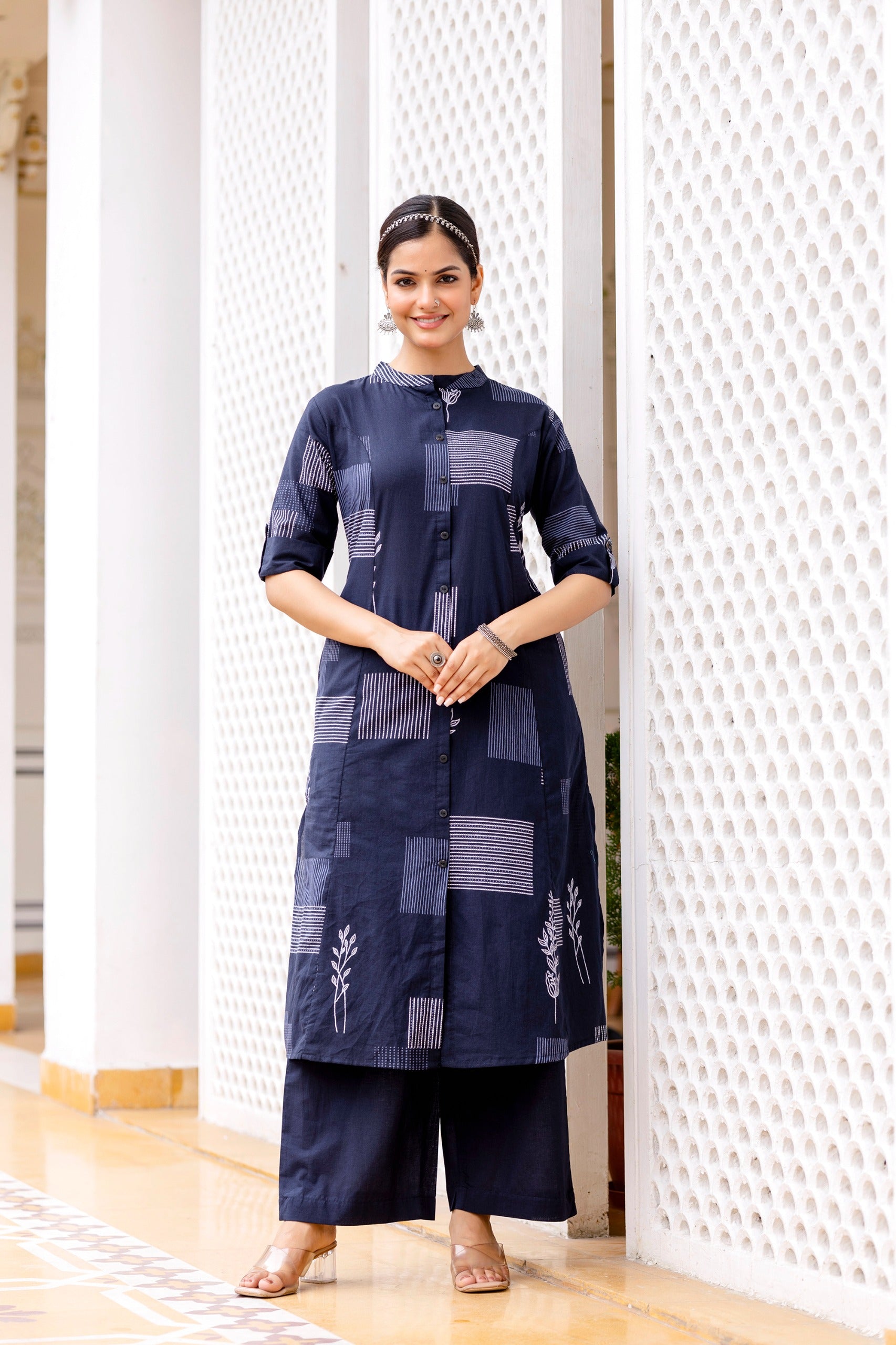 Navy Blue Cotton A-line Coord Set