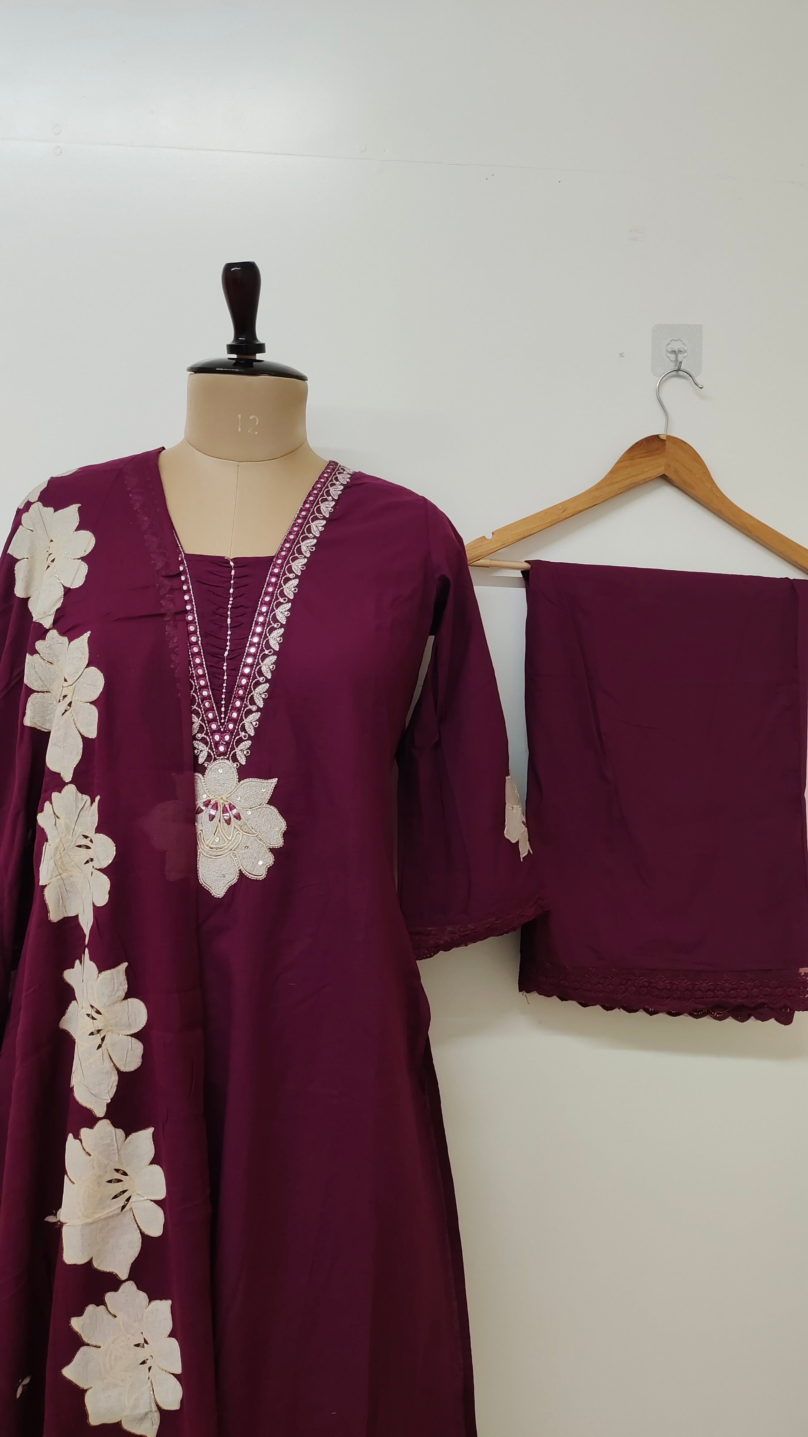 Naira Wine Cotton Cutwork Embroidered Dupatta Set