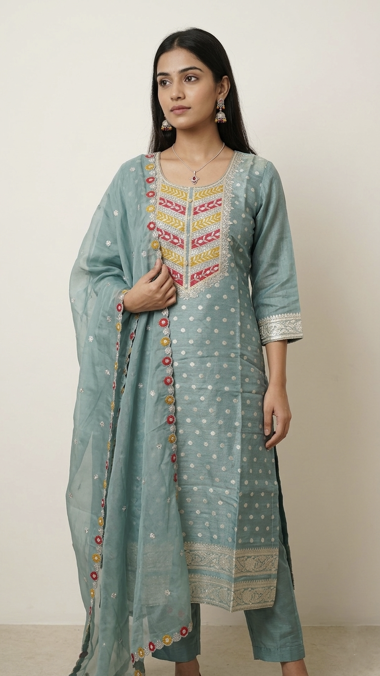 Varya Green Brocade Shimmer Embroidered Dupatta Set