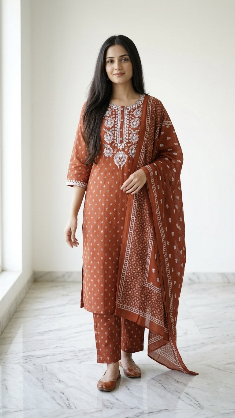 Meher Rust Cotton Embroidered Dupatta Set