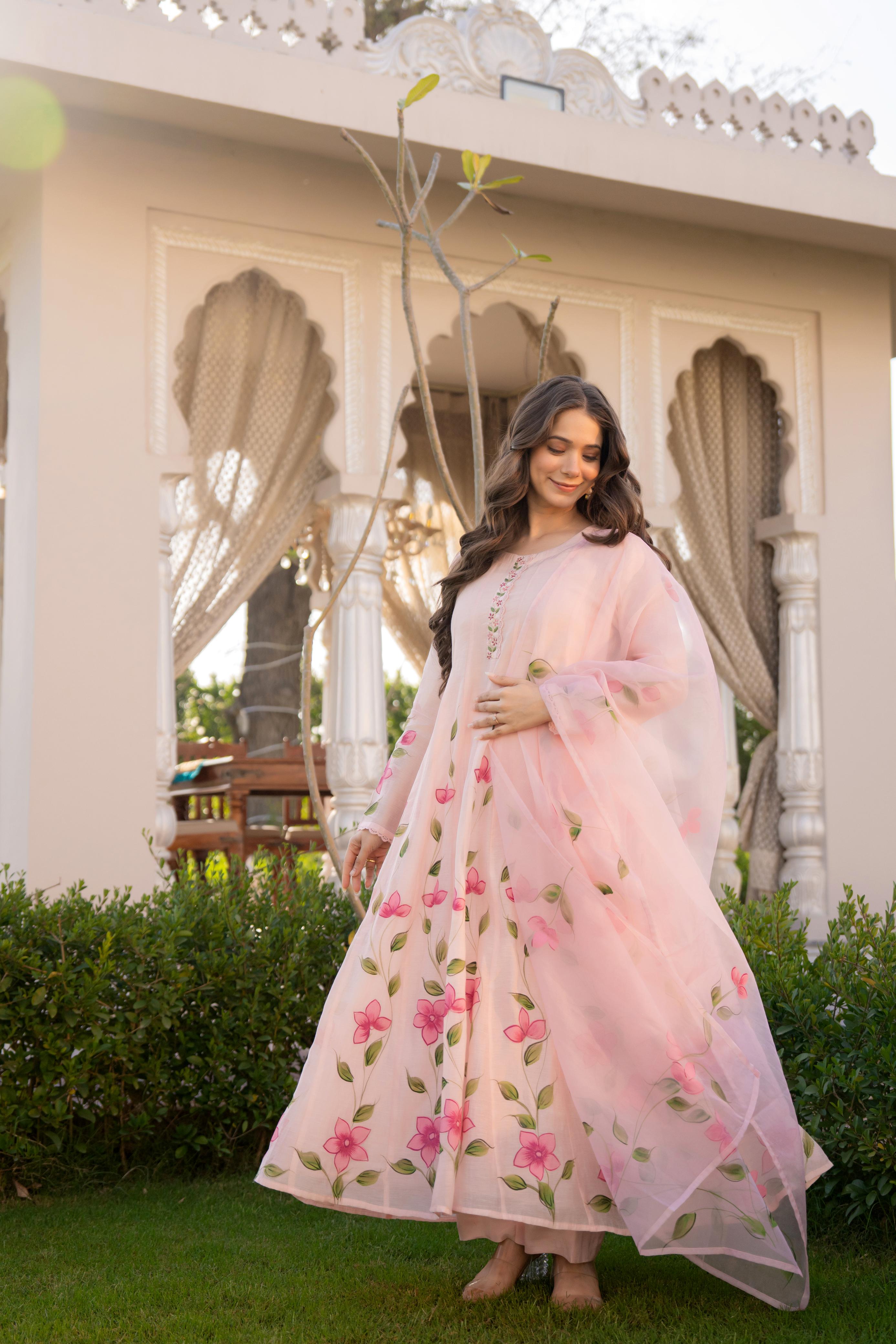 Zola Mul Chanderi HandPainted Anarkali Set - The Jaipur Studio
