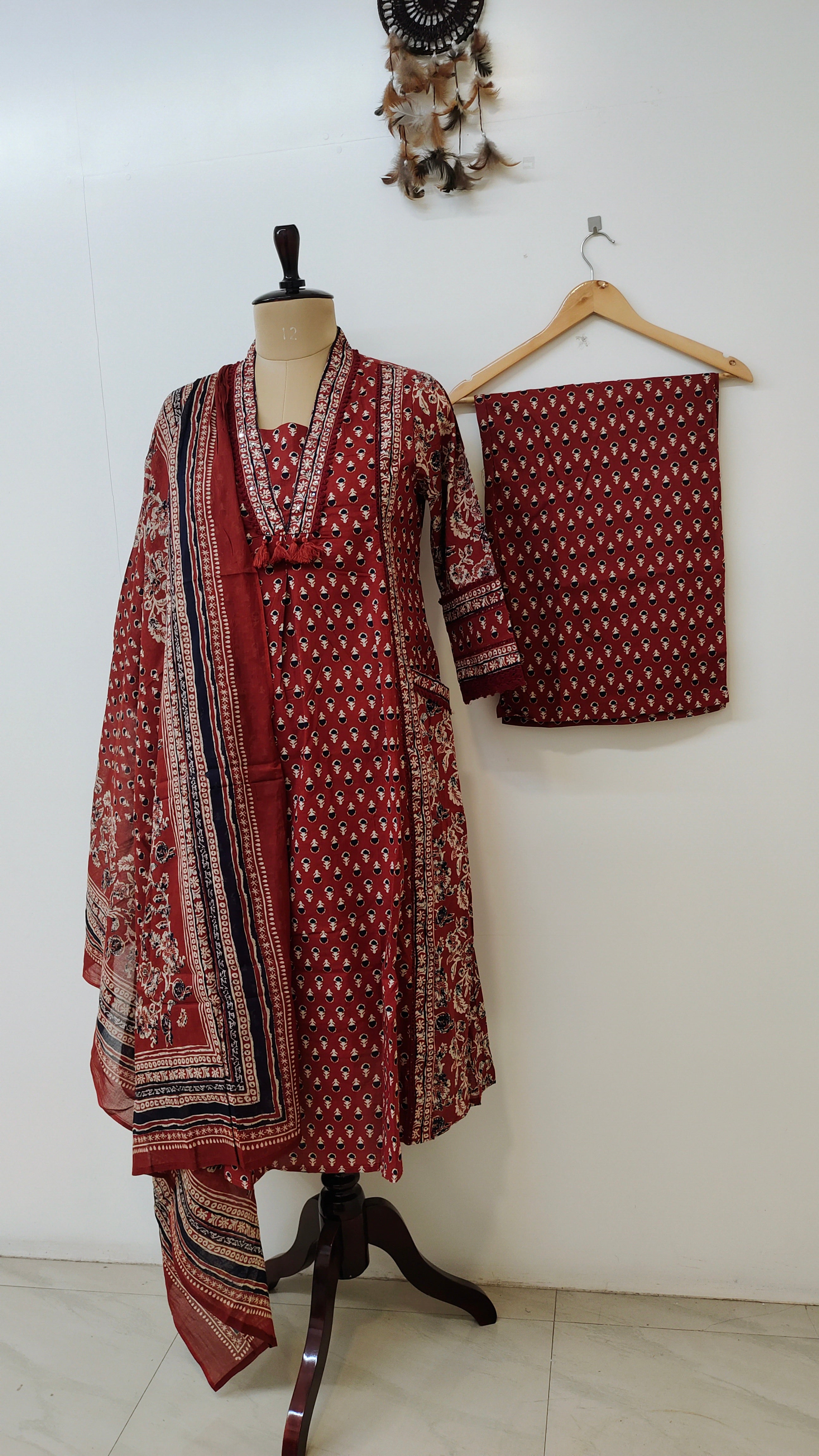 Reem Red Cotton Handblock Embroidered A-line Dupatta set
