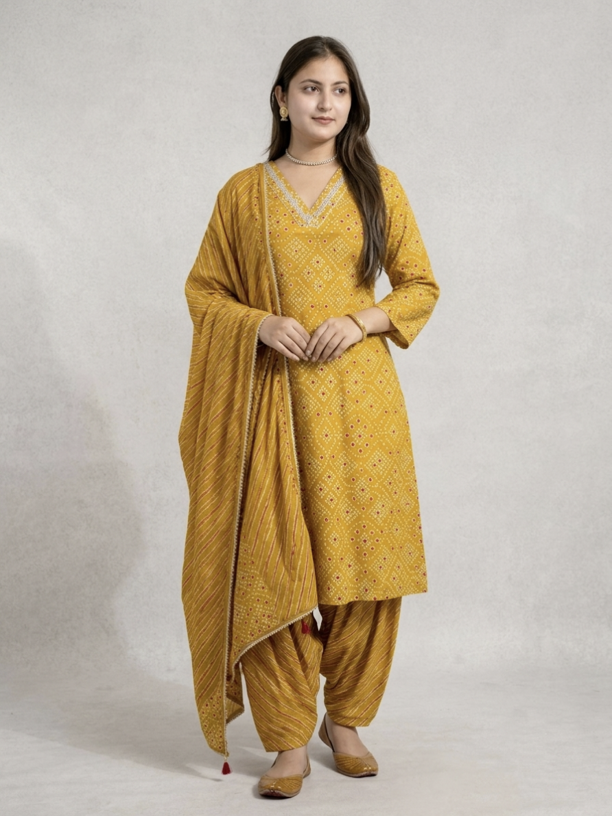 Jiara Bandhani Cotton A-line Dupatta Set