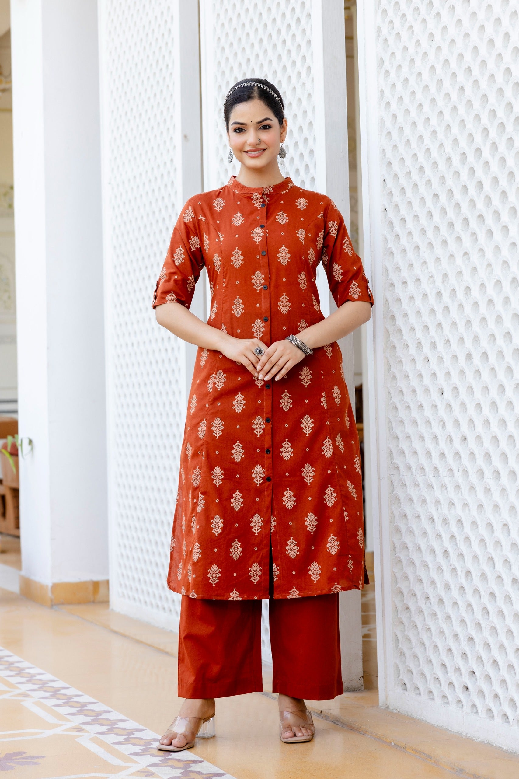 Rust Jamdani Cotton A-line Coord Set