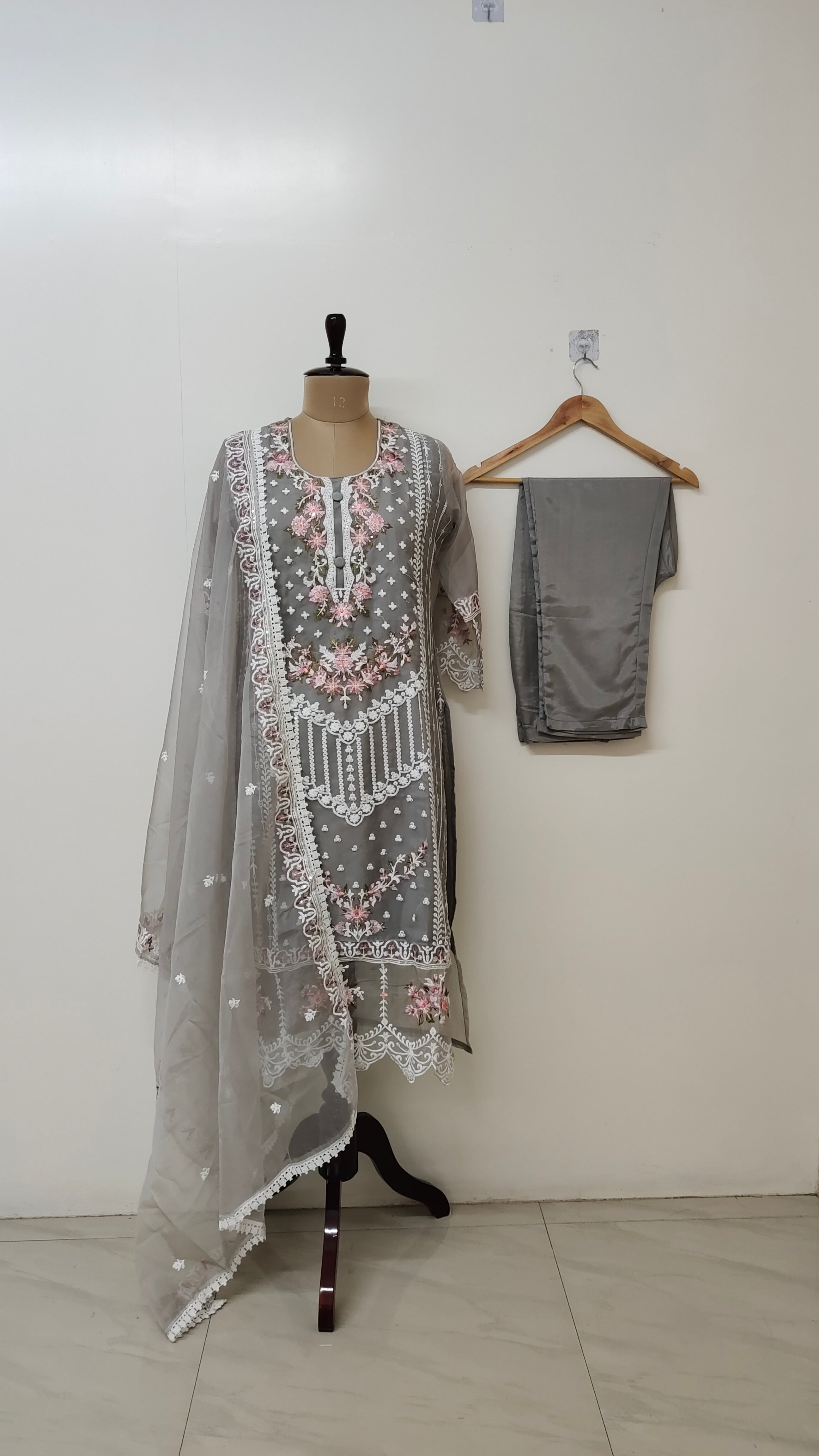 Sitara Grey Organza Embroidered Straight Dupatta Set