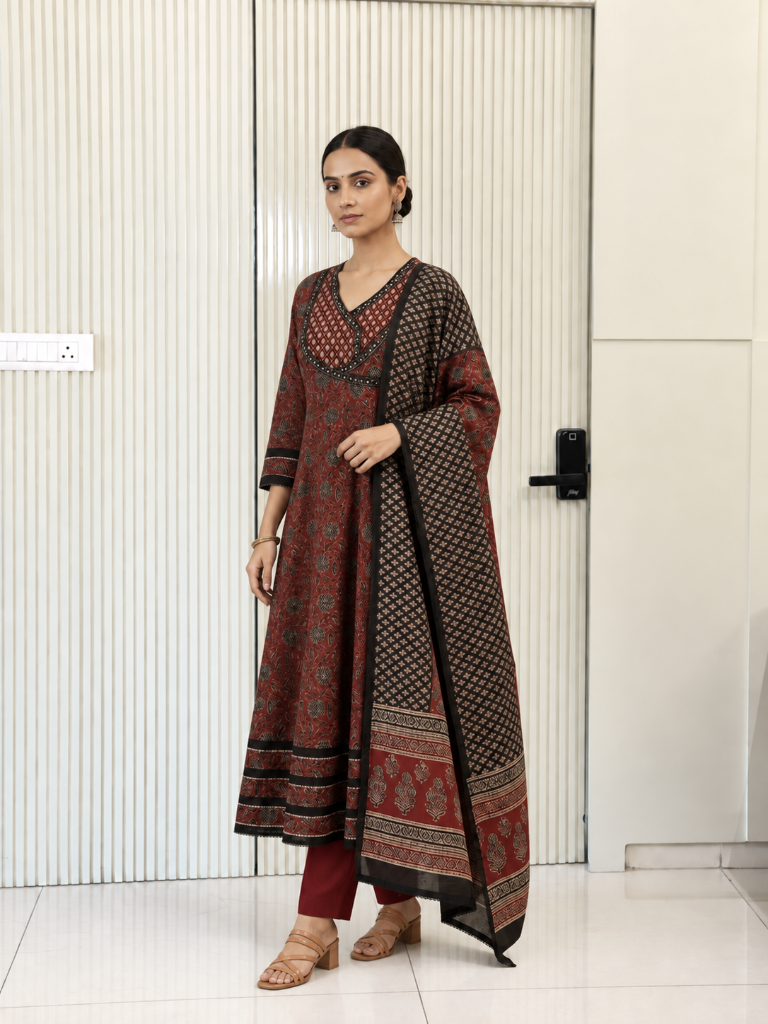 Sukti Red Cotton Angrakha Anarkali Dupatta Set