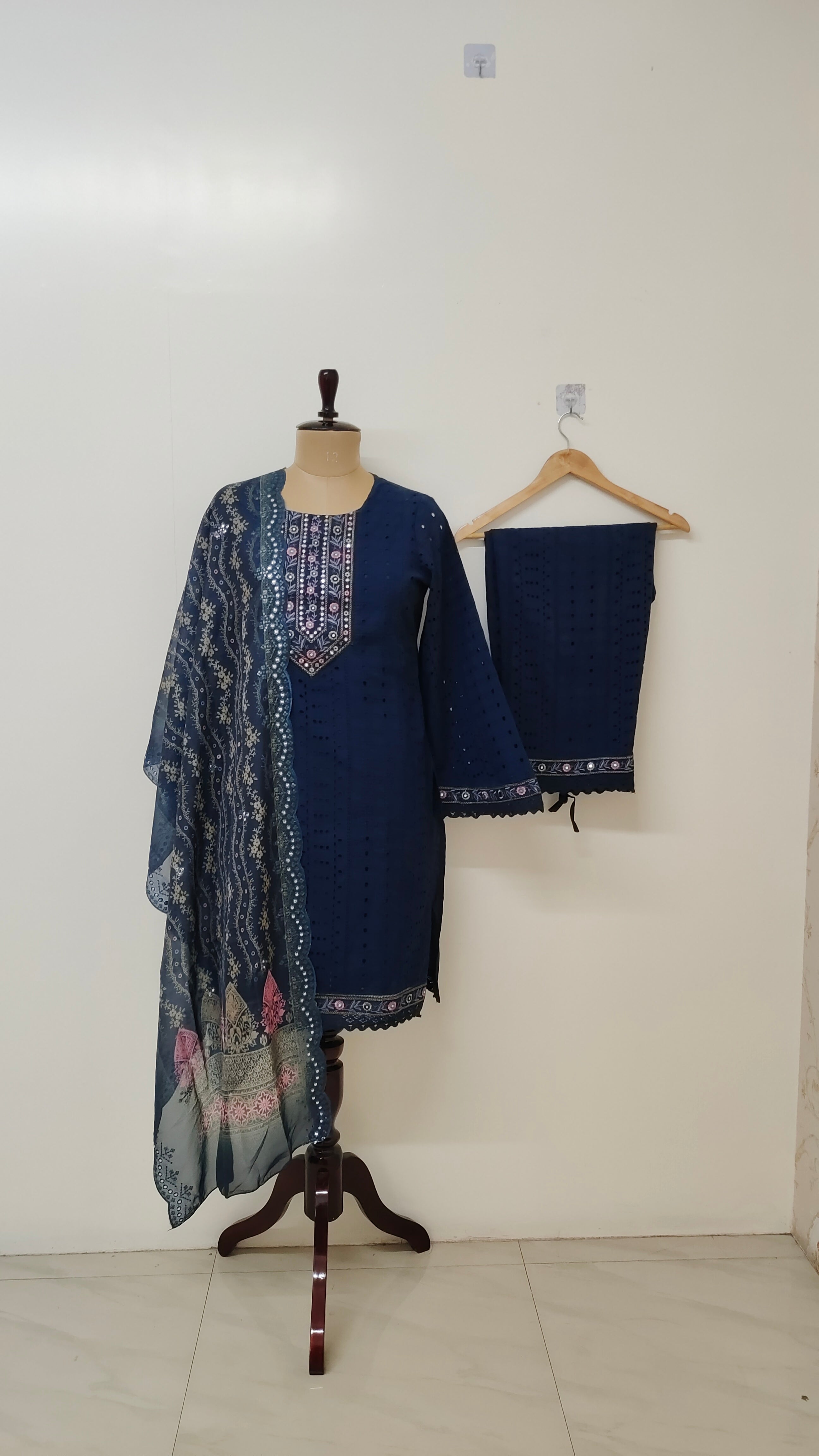 Kanika Blue Grace Cotton Schiffli Dupatta Set