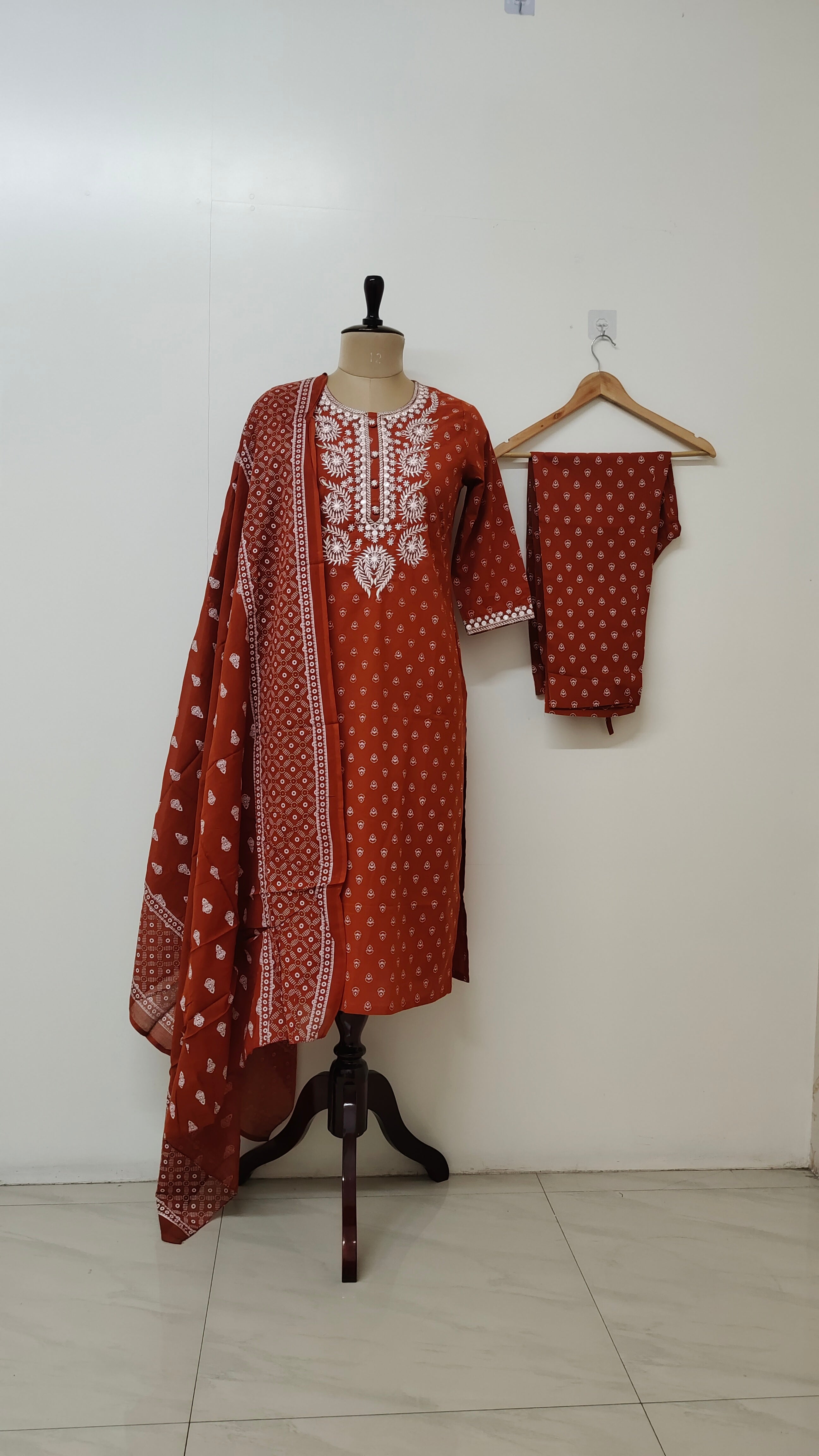Meher Rust Cotton Embroidered Dupatta Set