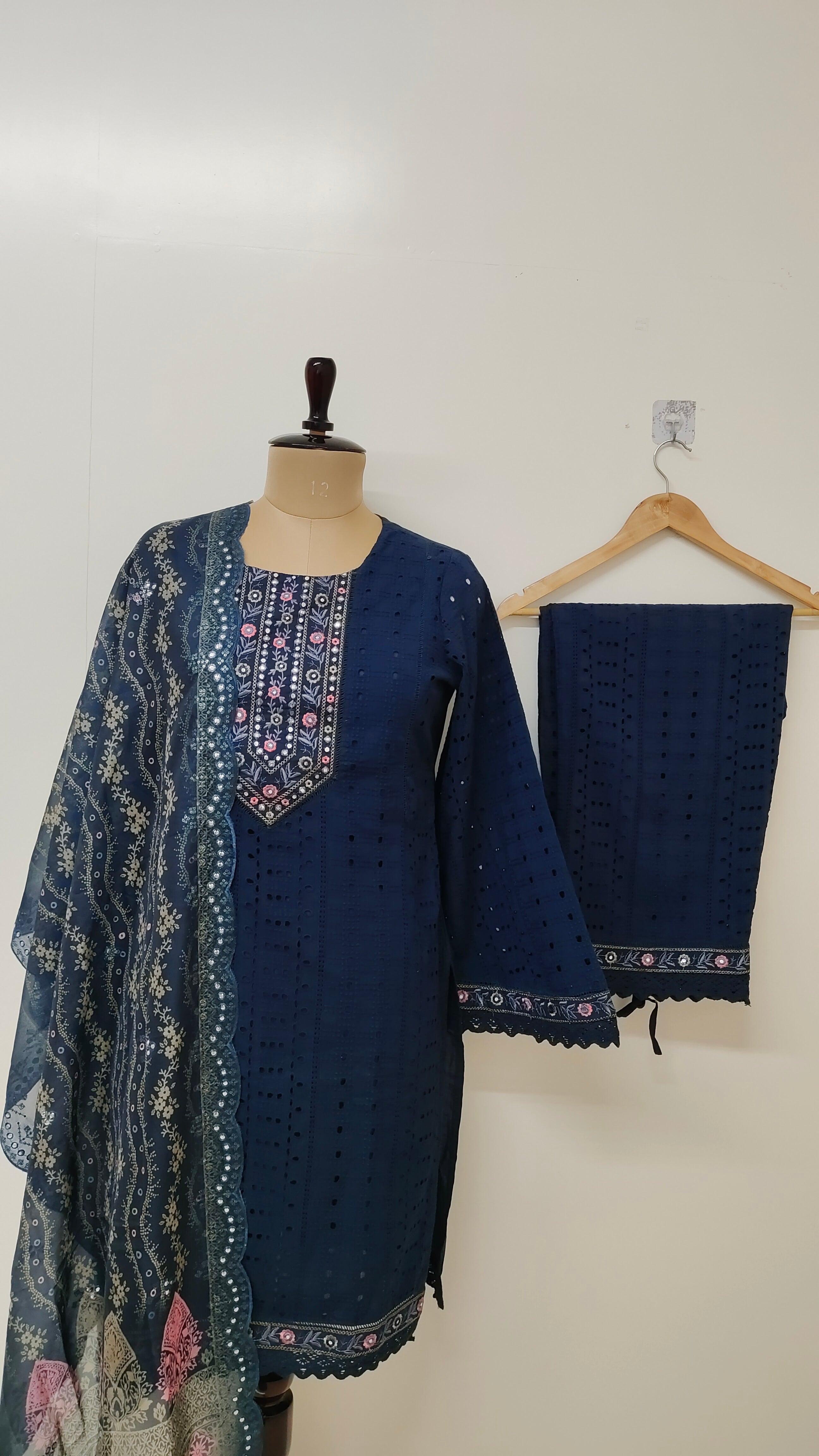Kanika Blue Grace Cotton Schiffli Dupatta Set