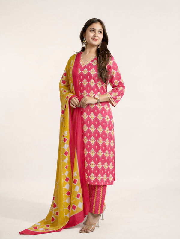 Anu Pink Cotton Straight Dupatta Set
