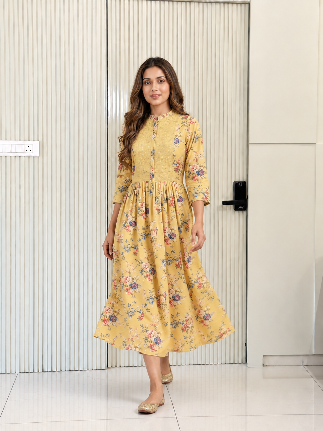 Asma Yellow Cotton Embroidered A-line Kurta