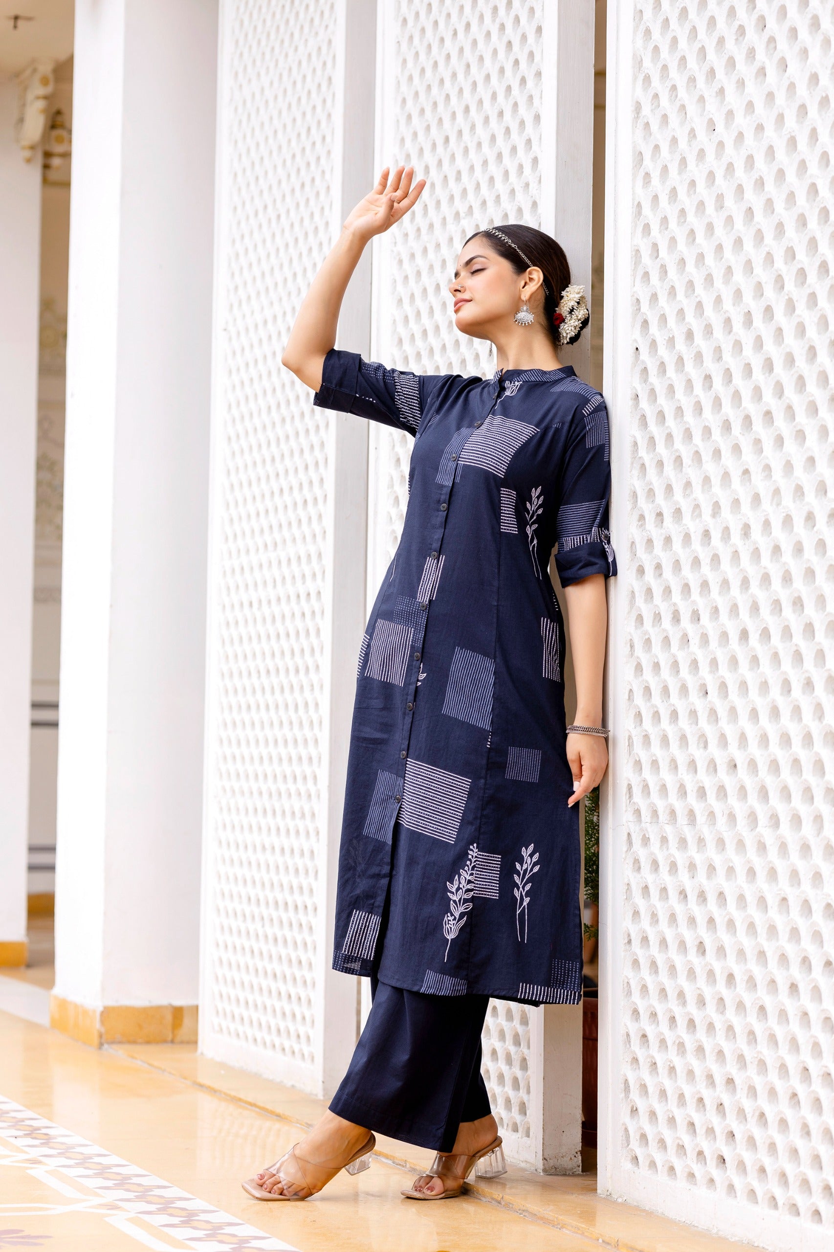 Navy Blue Cotton A-line Coord Set
