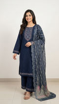 Kanika Blue Grace Cotton Schiffli Dupatta Set