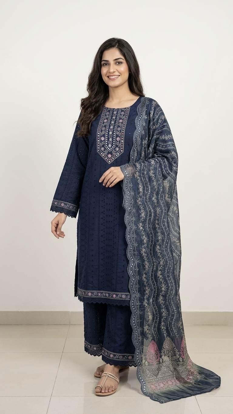 Kanika Blue Grace Cotton Schiffli Dupatta Set