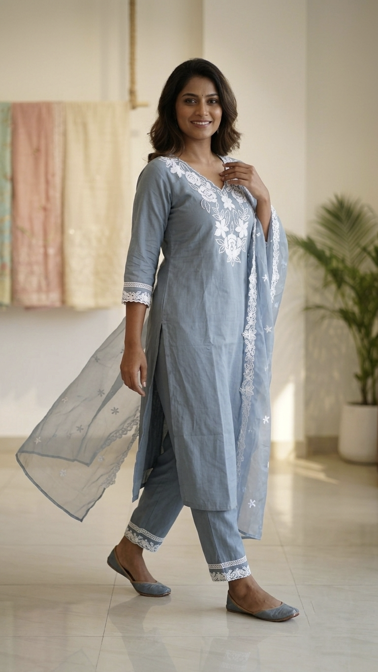 Aria Grey Cotton Embroidered Straight Dupatta Set