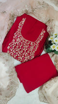 Elegant Crimson Red Cotton Silk Unstitched Suit Material with Scalloped Organza Dupatta