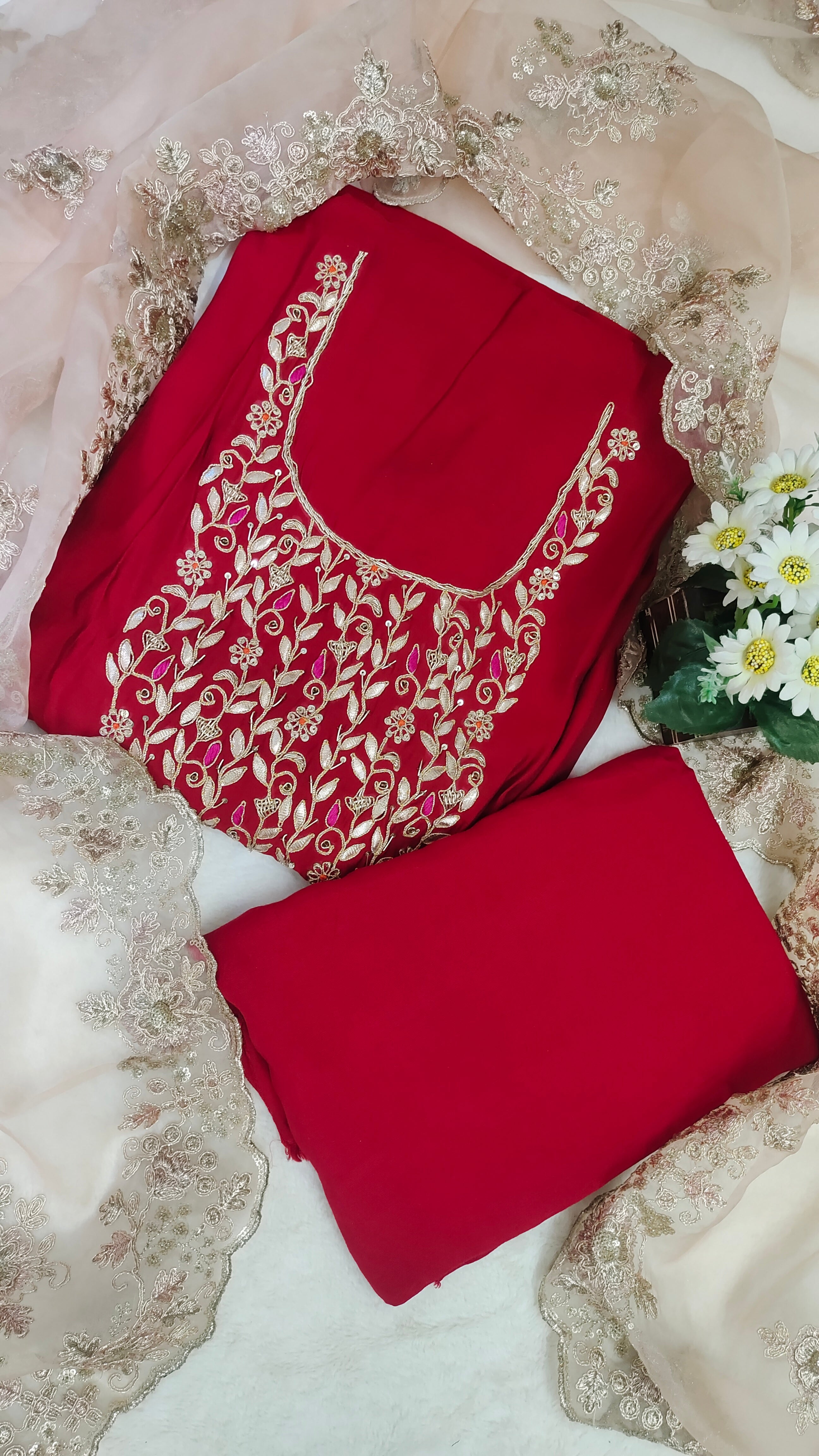 Elegant Crimson Red Cotton Silk Unstitched Suit Material with Scalloped Organza Dupatta